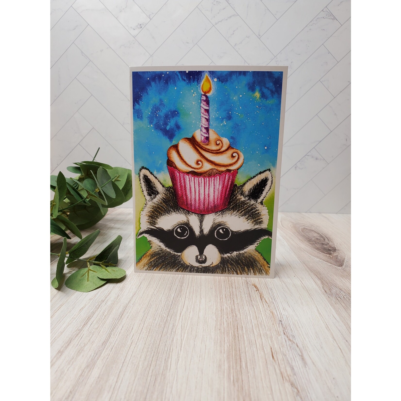 Bird in a Pine Raccoon  with Cupcake  - Greeting Card