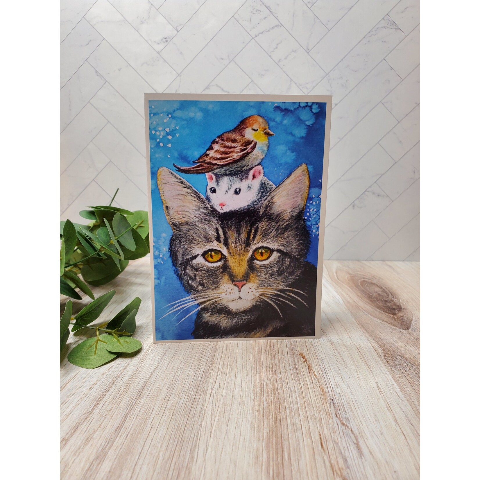 Bird in a Pine Cat, Mouse & Bird - Greeting Card