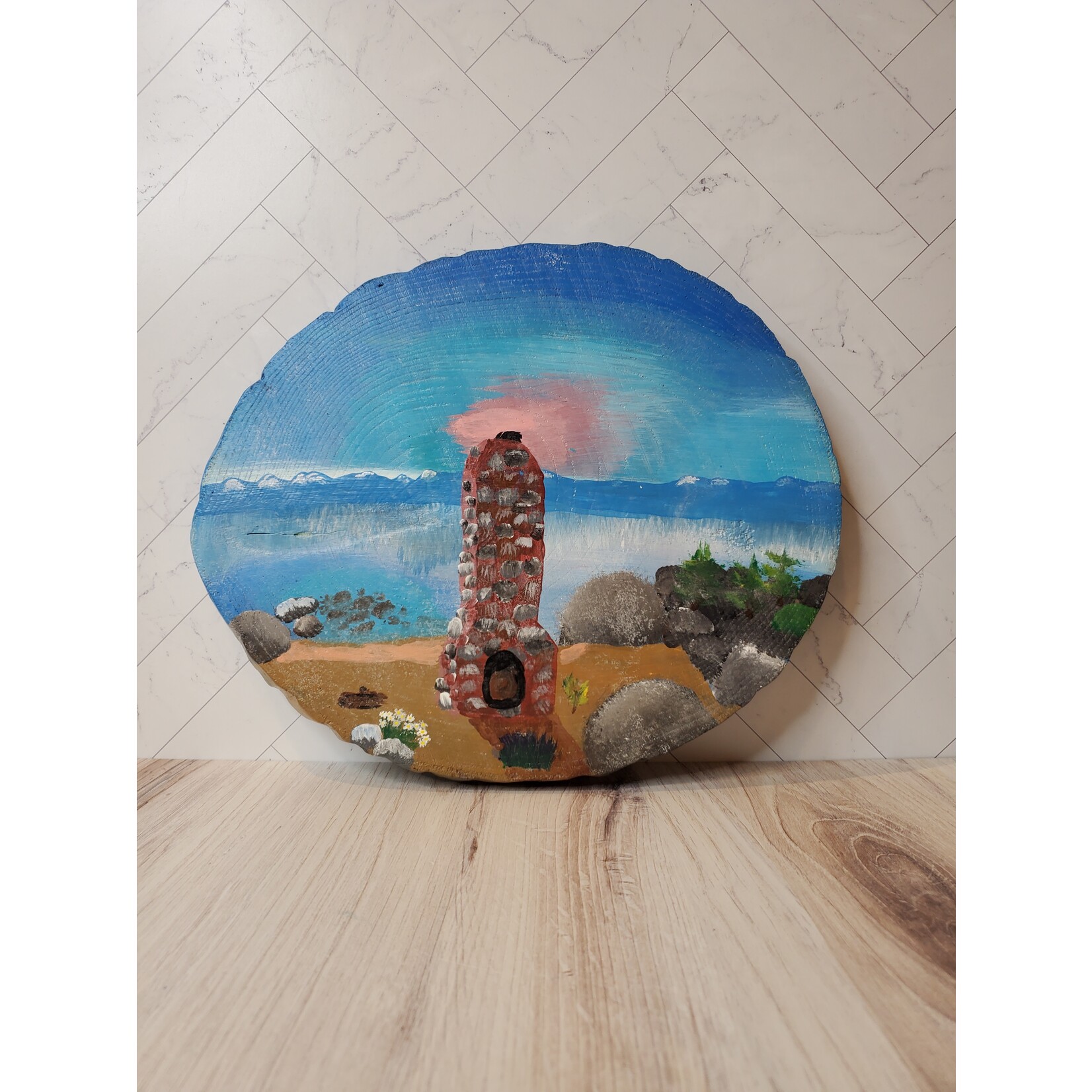 Dean Shreve "Chimney Beach" - original acrylic on wood slice