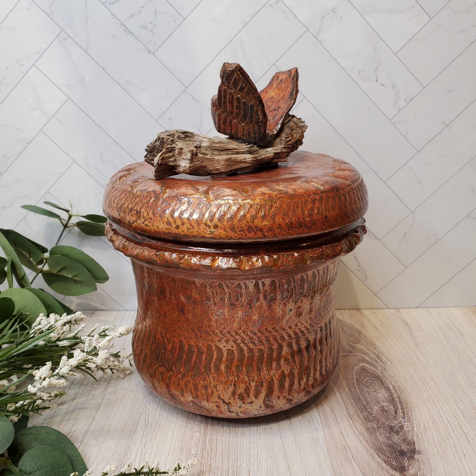 Elaine Randall Dream Jar with Forest Driftwood and Butterfly - Ancient Copper Glaze