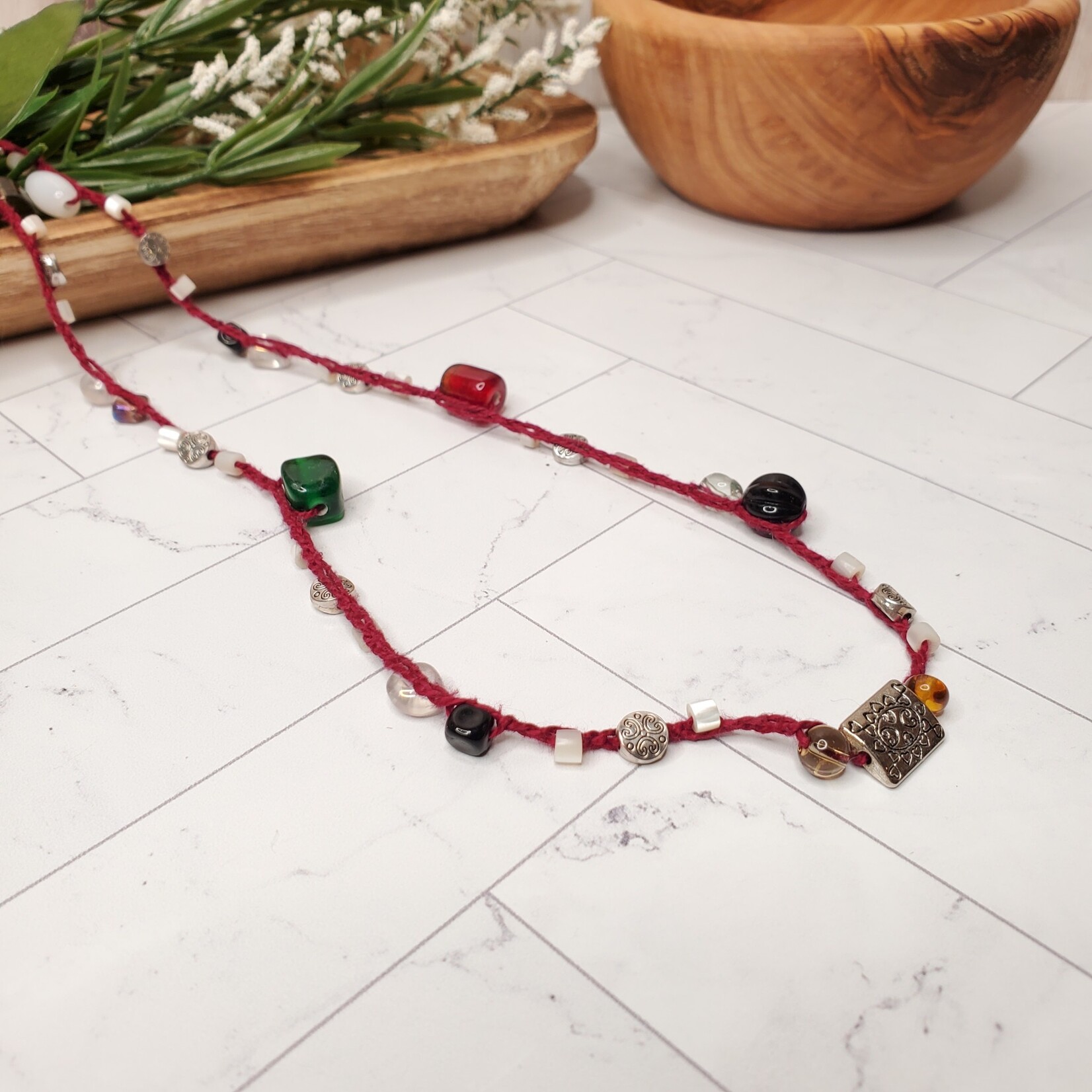Crescent Moon Jewelry of the Sierras Bead Crochet Necklace- Cranberry & White - 34"
