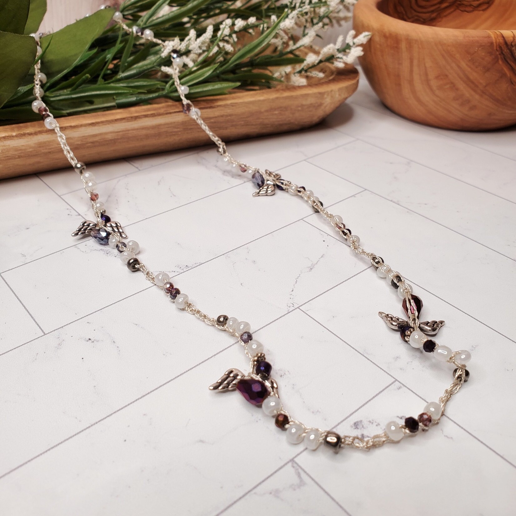 Blu Moon Jewelry Bead Crochet Necklace - White & Silver - 30"