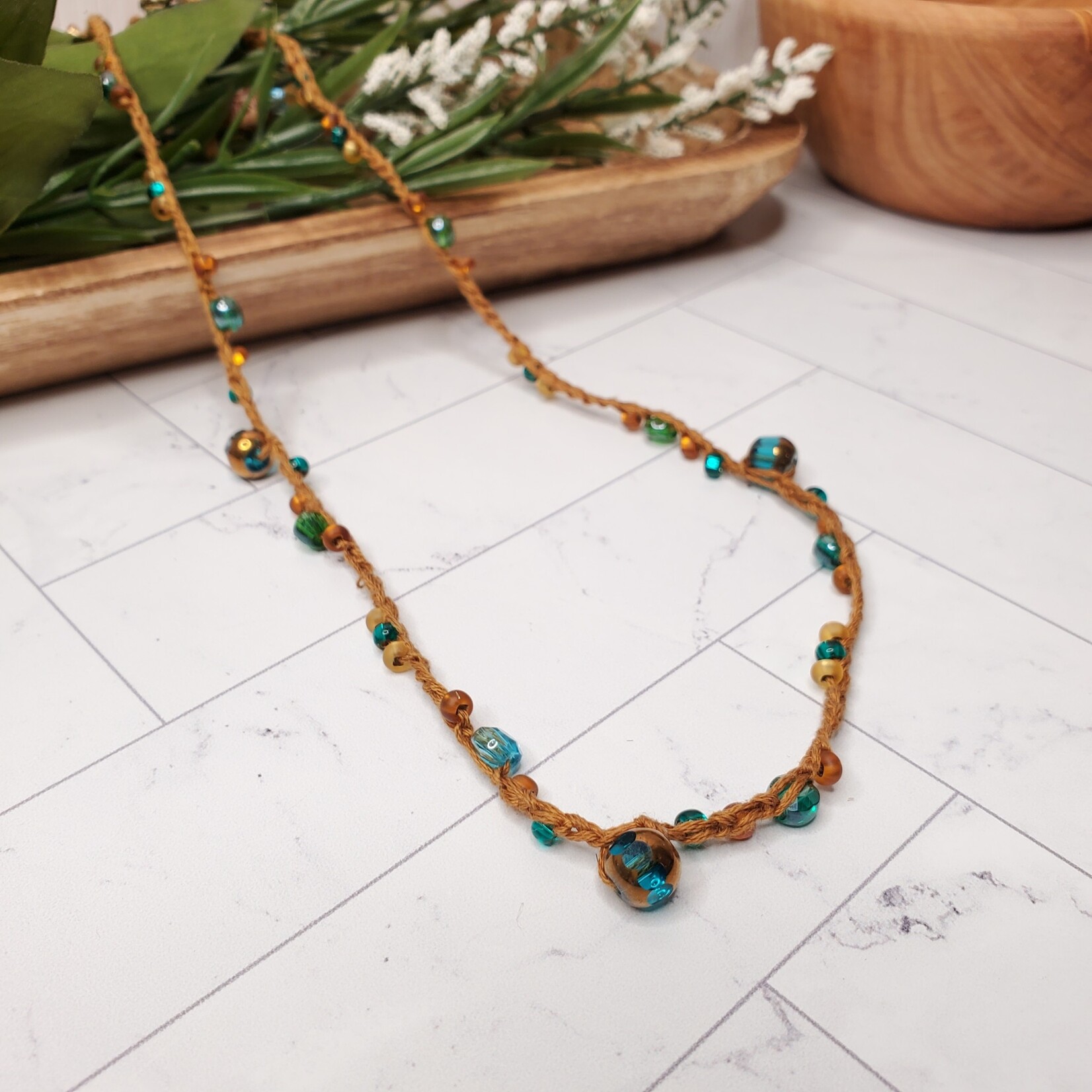 Crescent Moon Jewelry of the Sierras Bead Crochet Necklace - Turquoise & Copper - 22"