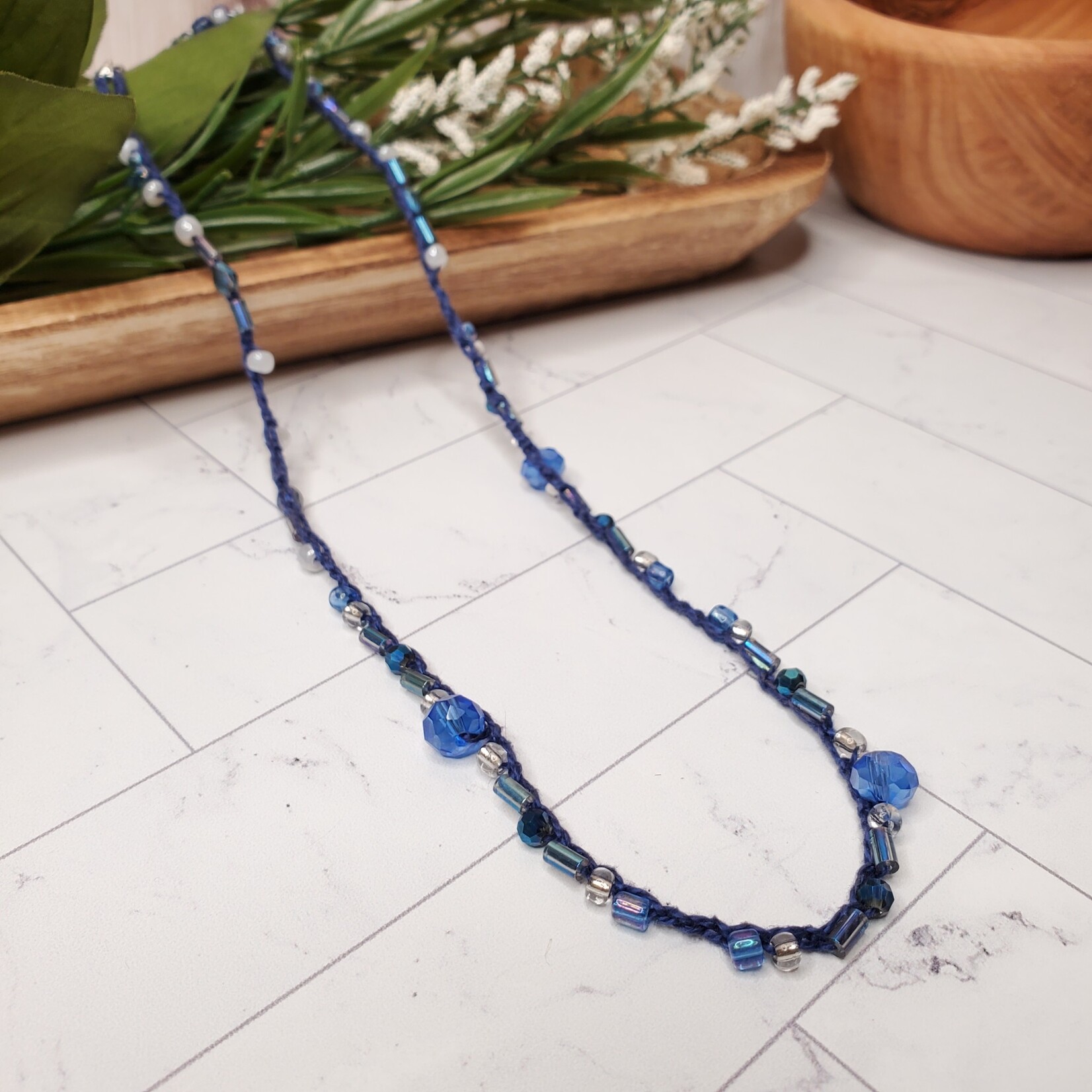 Crescent Moon Jewelry of the Sierras Bead Crochet Necklace - Blue & Pearl - 22"
