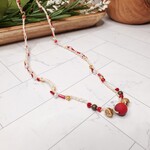 Blu Moon Jewelry Bead Crochet Necklace - White, Red & Gold - 26"
