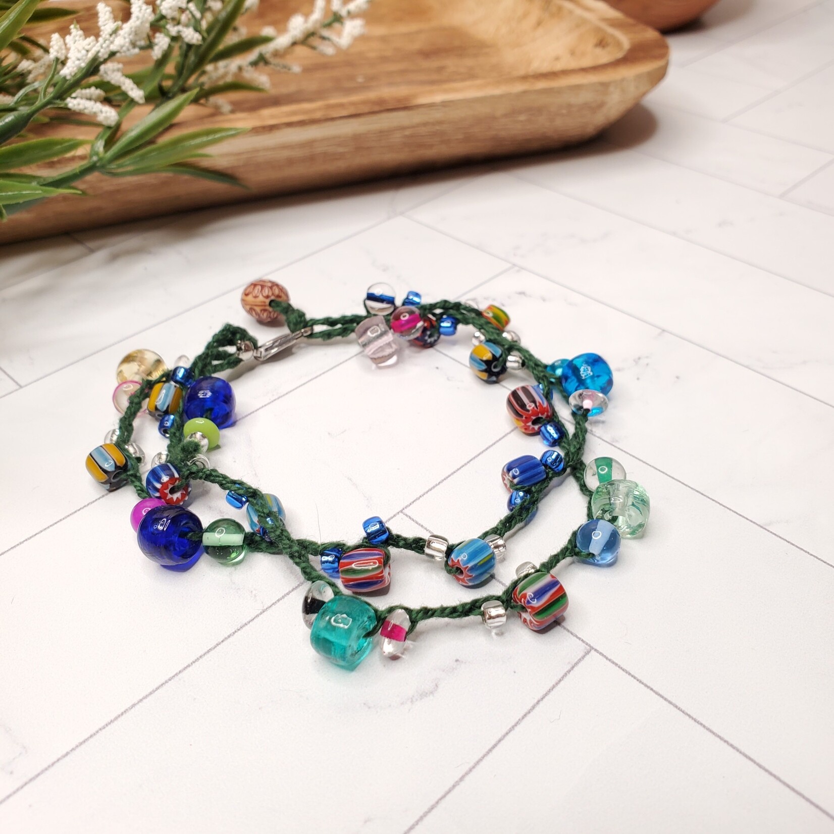 Crescent Moon Jewelry of the Sierras Bead Crochet Double Bracelet - Green & Multi-Colored - 11"