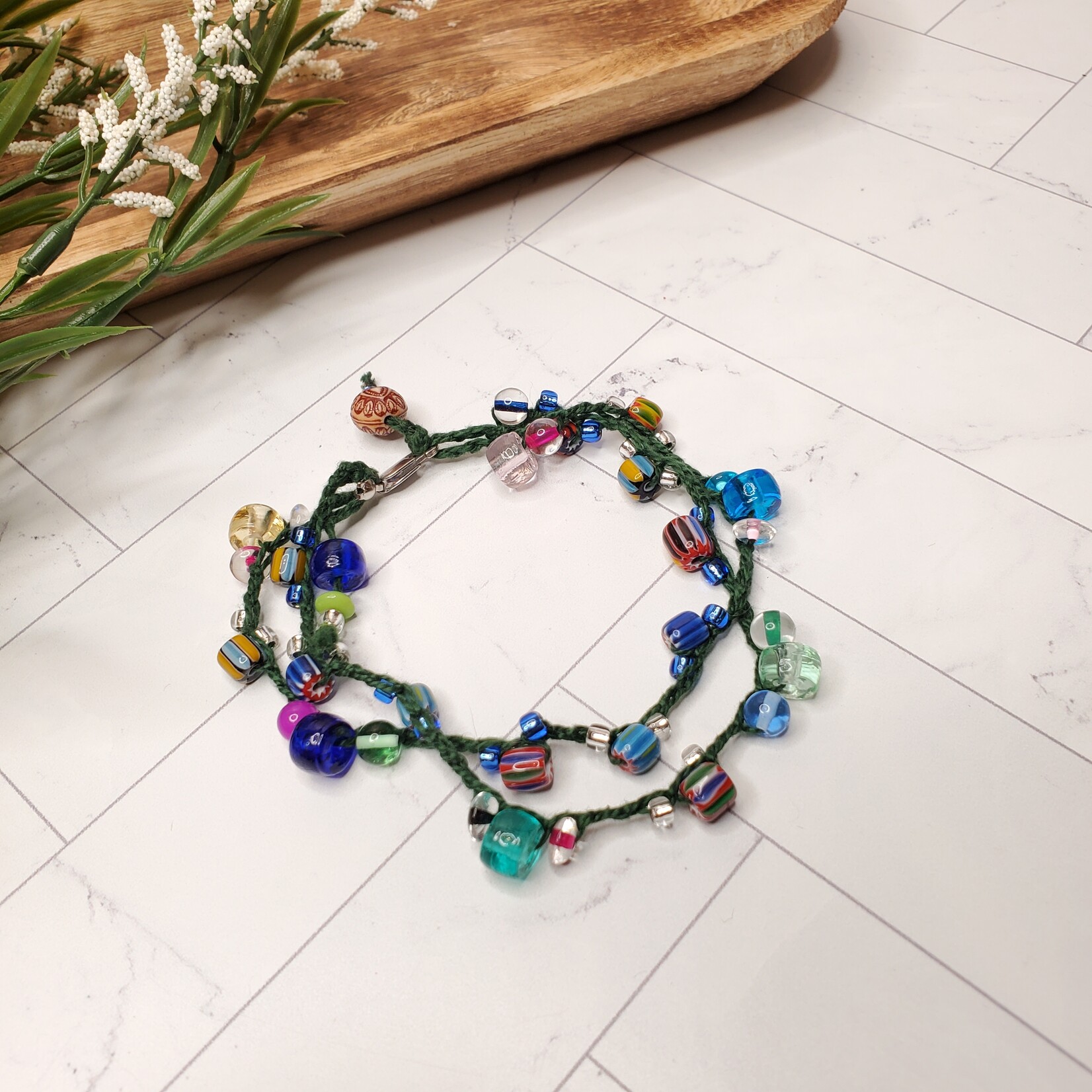Crescent Moon Jewelry of the Sierras Bead Crochet Double Bracelet - Green & Multi-Colored - 11"