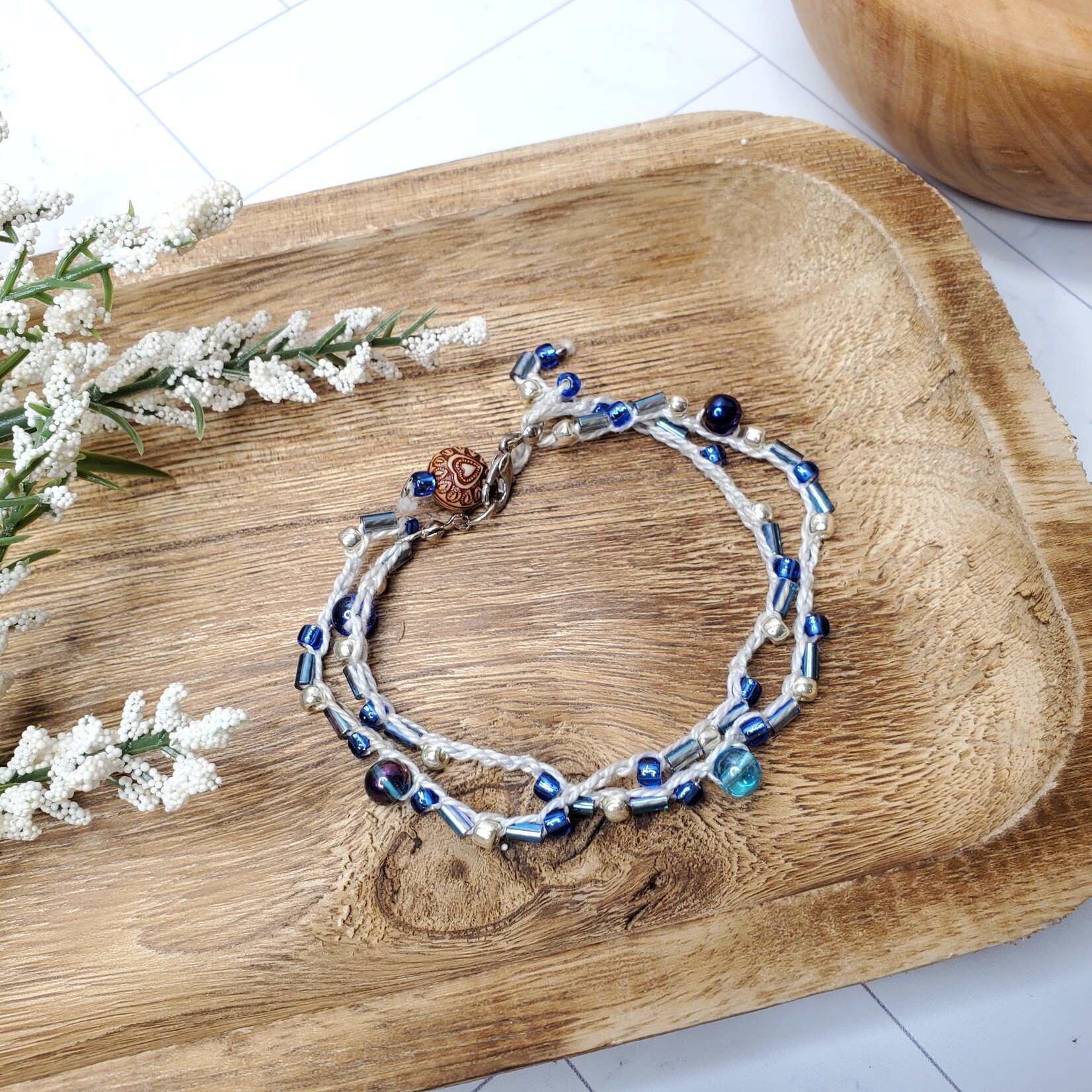 Crescent Moon Jewelry of the Sierras Bead Crochet Double Bracelet - Blue & White - 8"