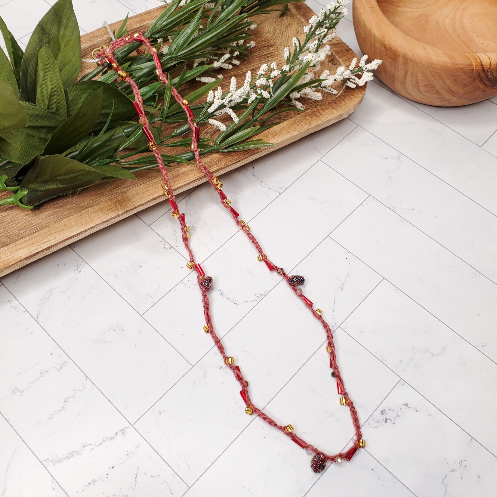 Blu Moon Jewelry Bead Crochet Necklace - Gold & Dark Rose - 24"