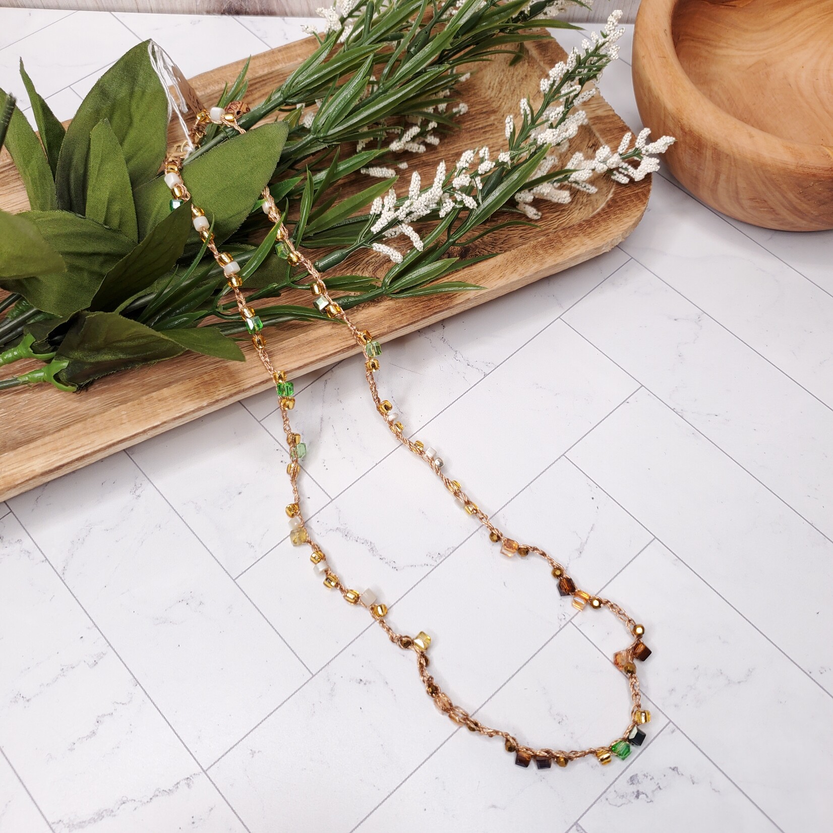 Blu Moon Jewelry Bead Crochet Necklace - Amber, Green  & Gold - 22"