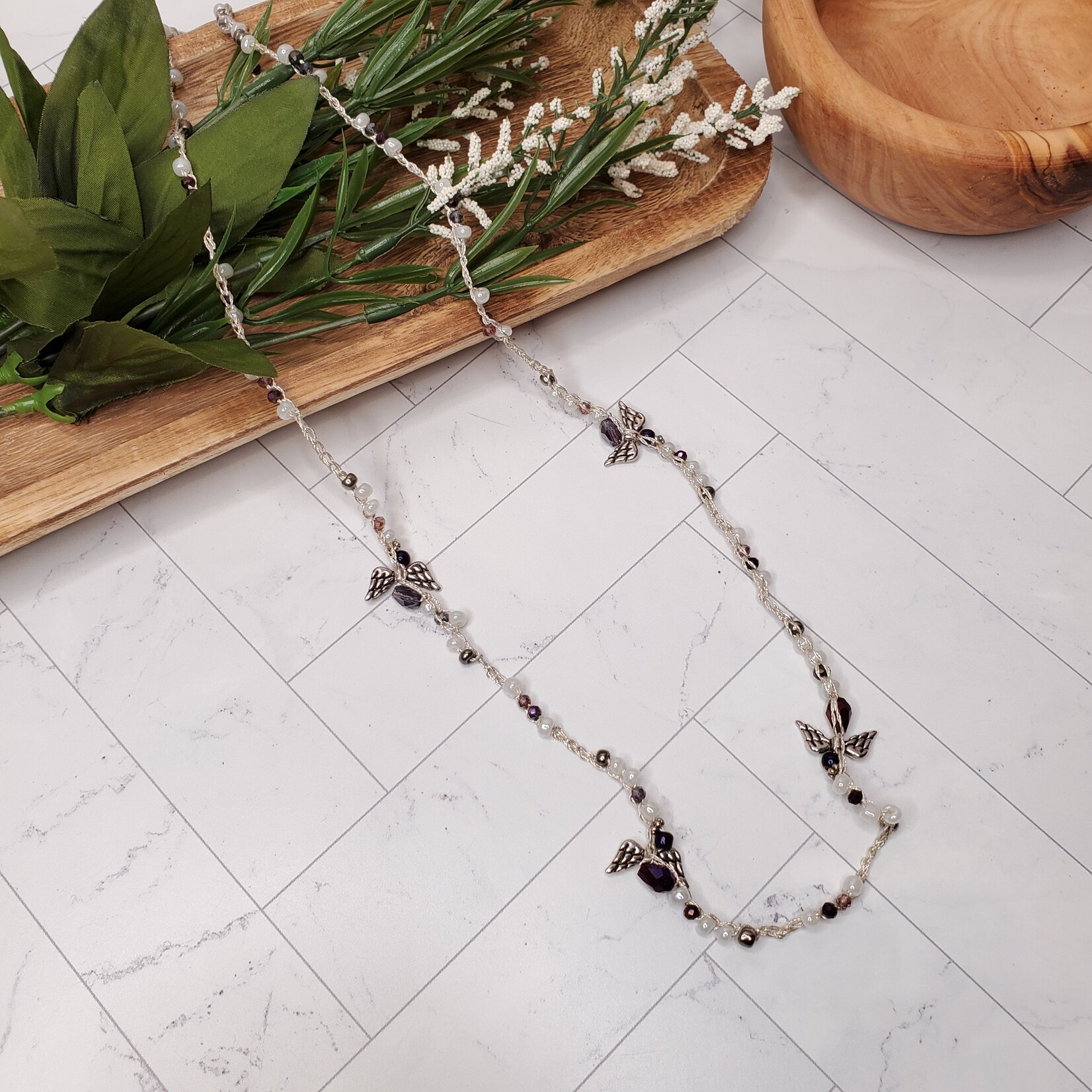 Blu Moon Jewelry Bead Crochet Necklace - White & Silver - 30"