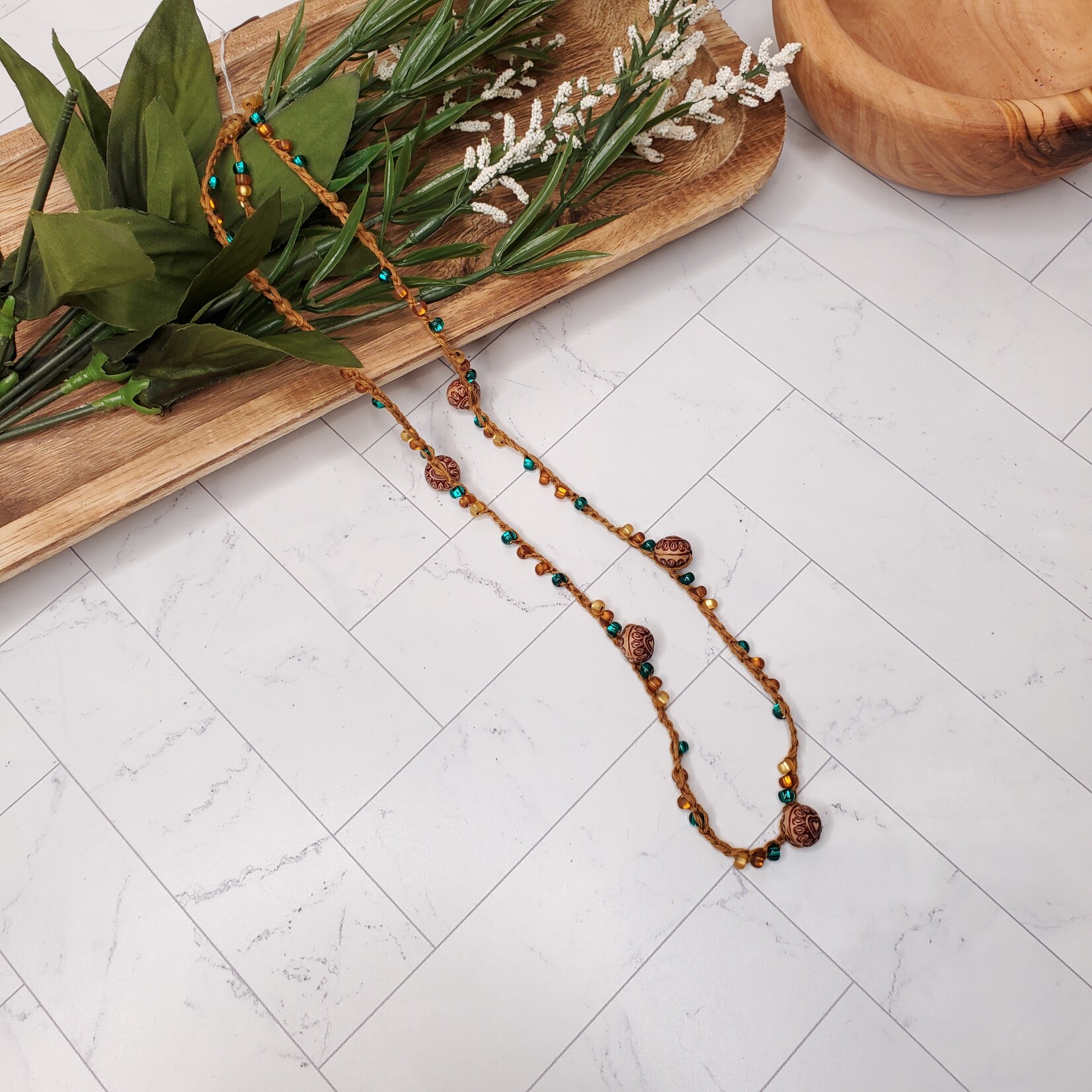 Blu Moon Jewelry Bead Crochet Necklace - Turquoise & Gold - 24"