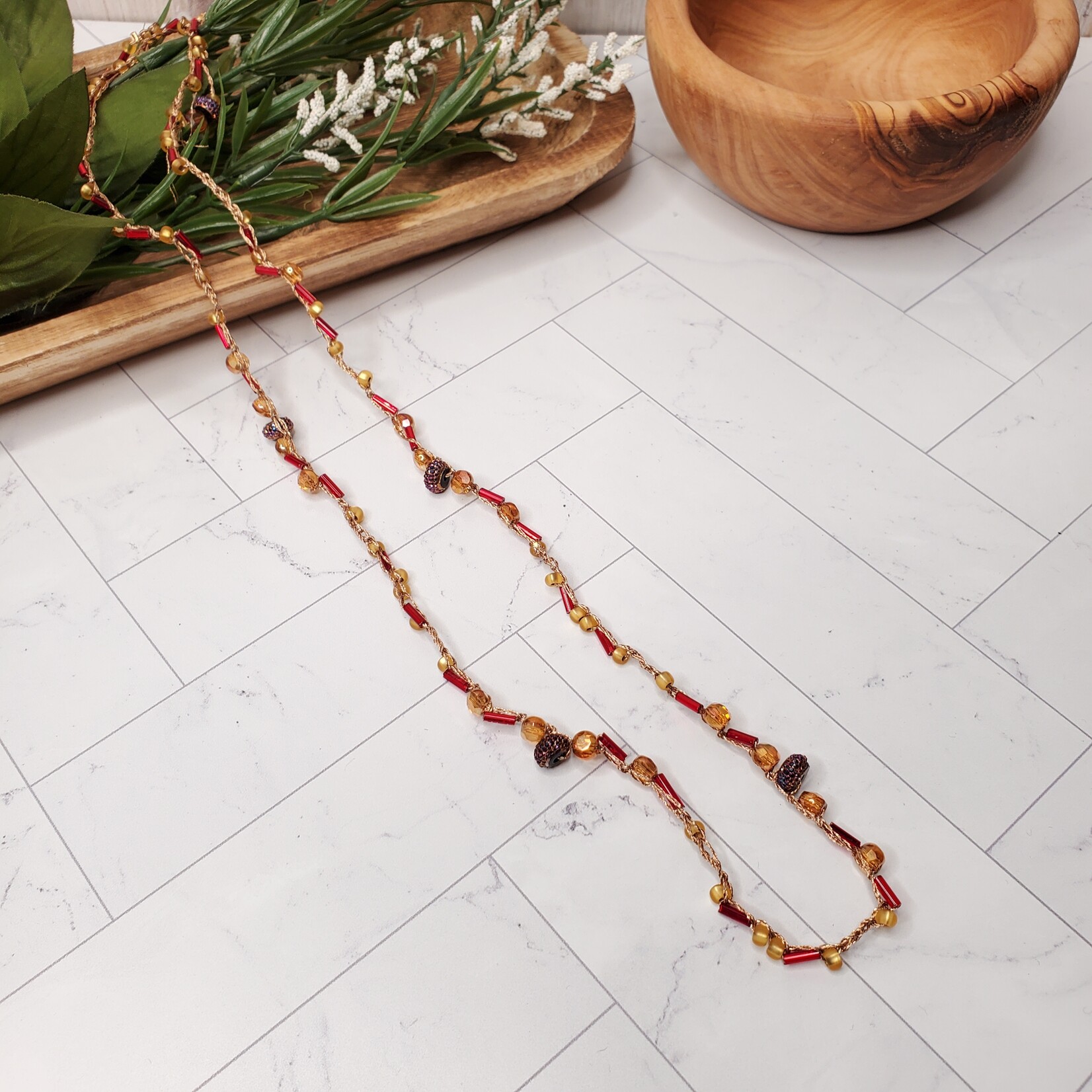Crescent Moon Jewelry of the Sierras Bead Crochet Necklace - Red & Gold - 28"