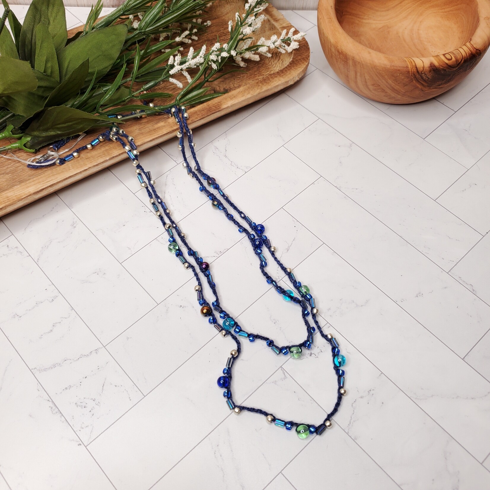 Crescent Moon Jewelry of the Sierras Bead Crochet Double Necklace - Dark Blue & Silver - 28"