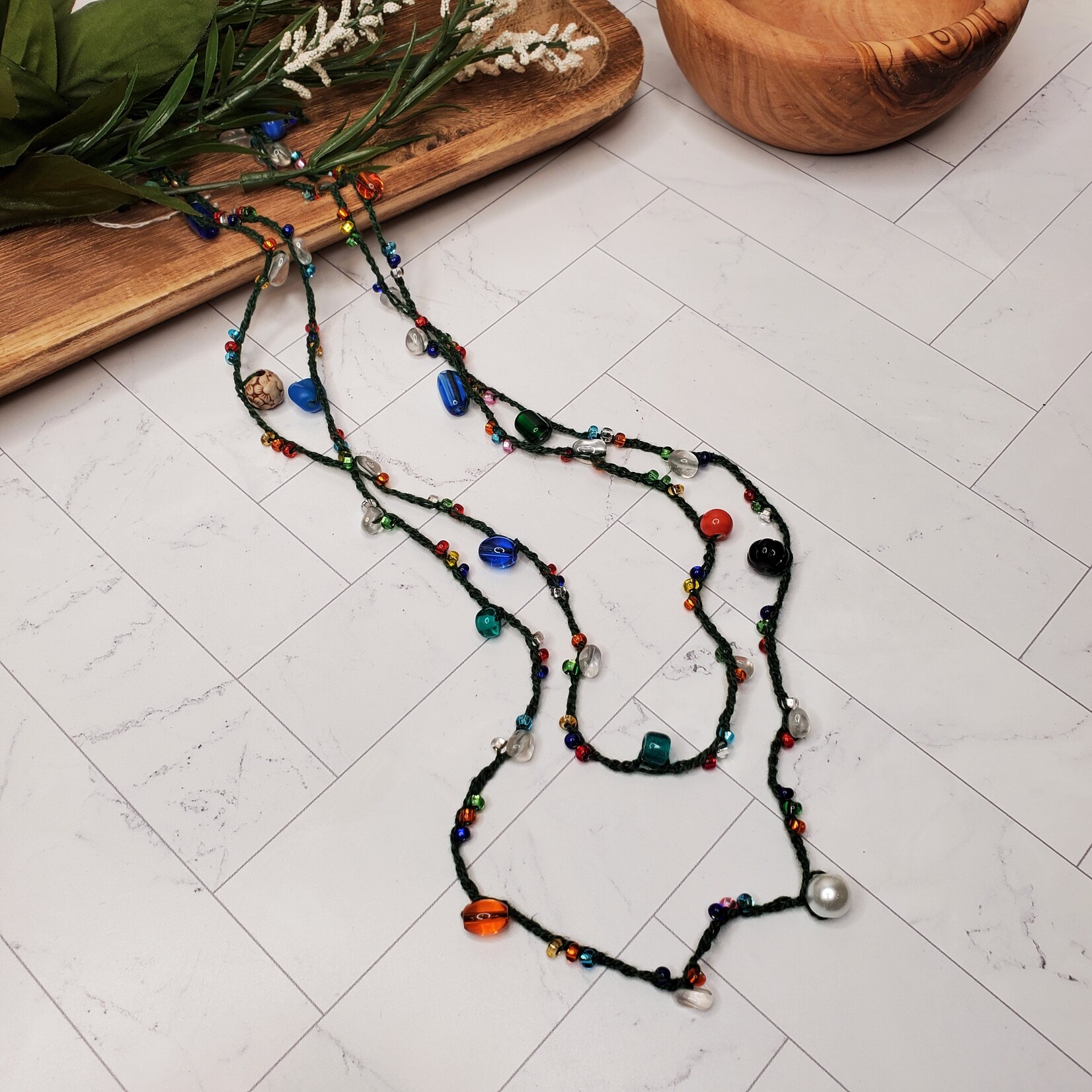 Crescent Moon Jewelry of the Sierras Bead Crochet Double Necklace - Multi Colored & Green - 30"