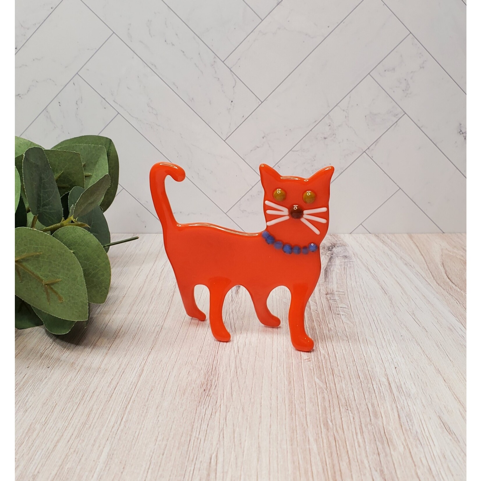 Glas Rat Art Glass Dancing Cat - Orange - Fused Glass