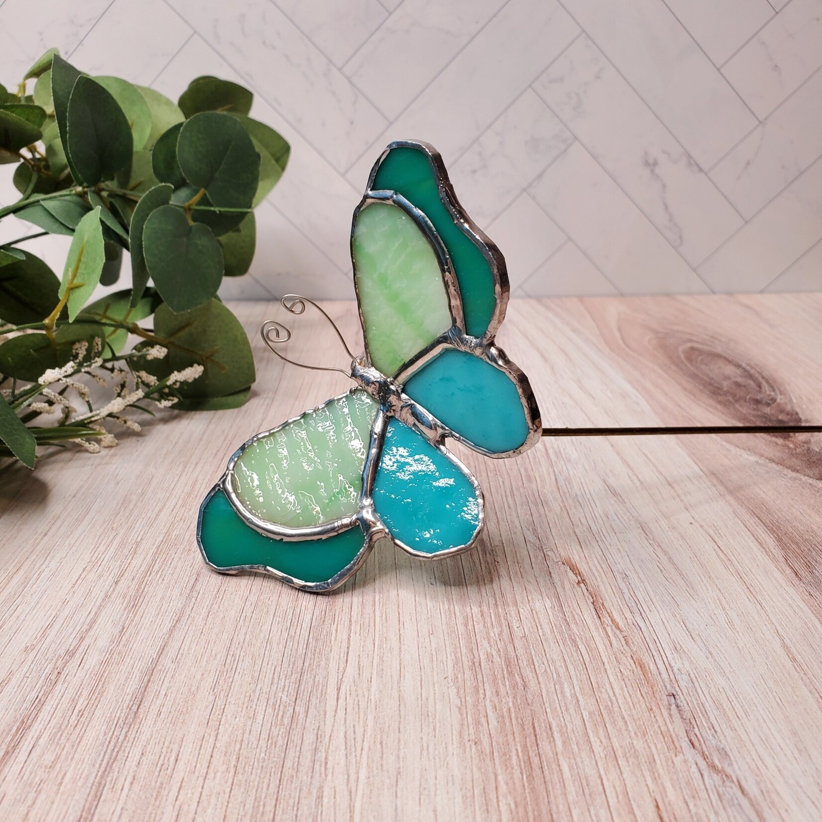 Glass By Lovely Lisa Stained Glass Plant Stake - Butterfly - Blue & Teal