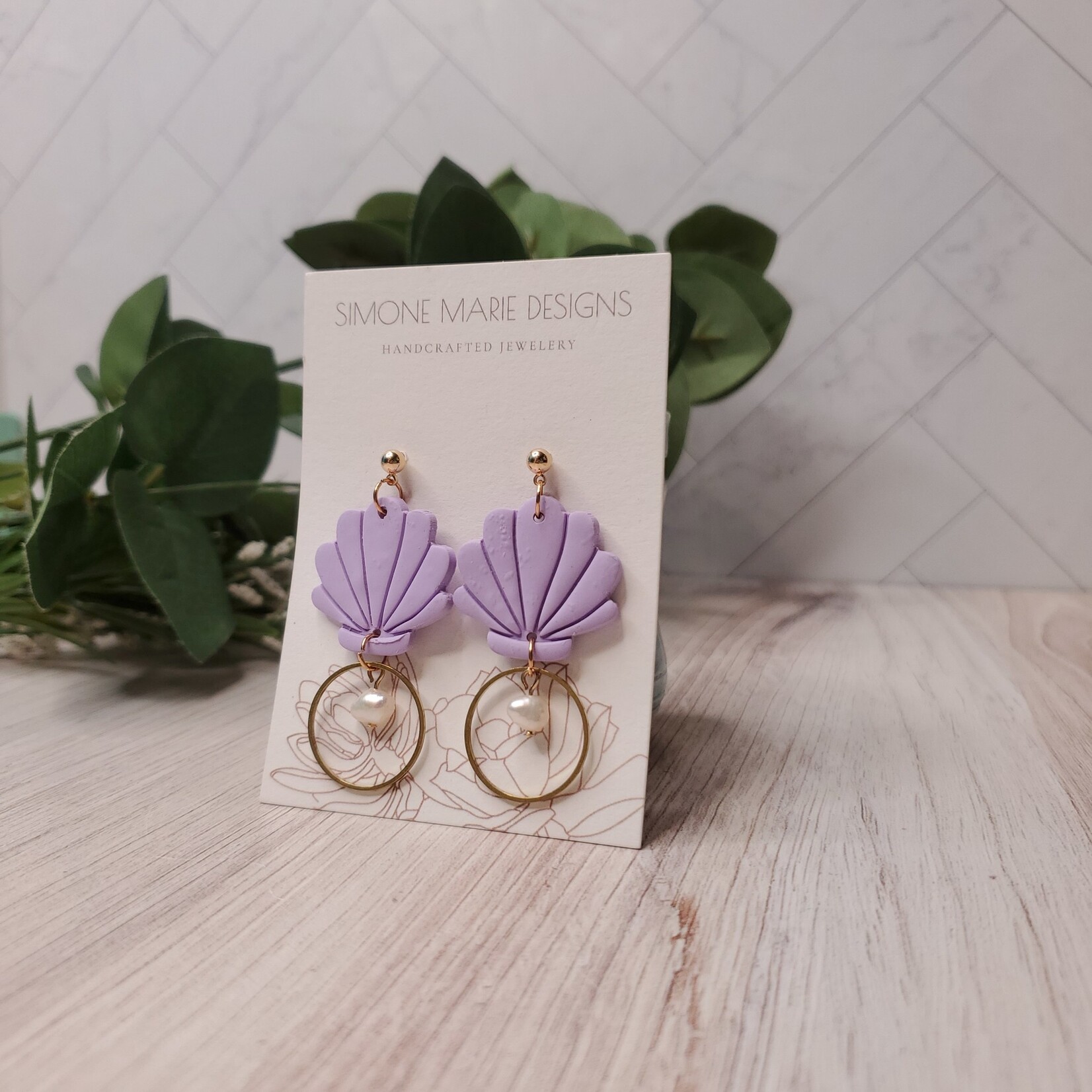 Simone Marie Designs Lavender & Pearl Seashell Drops - Polymer Clay Earrings