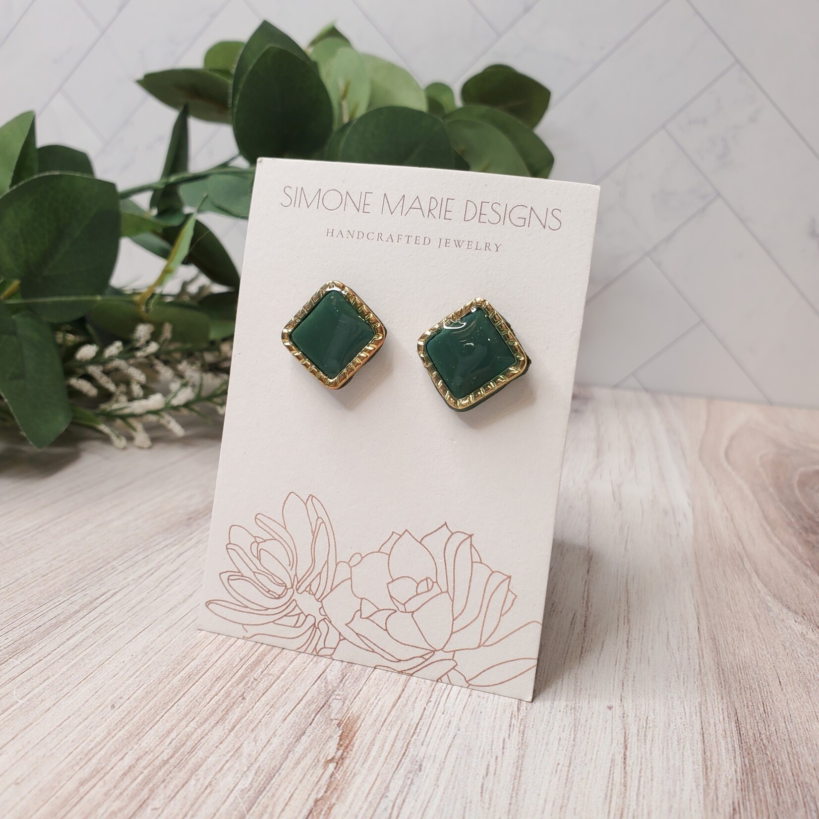 Simone Marie Designs Green & Gold Square Posts - Polymer Clay Earrings