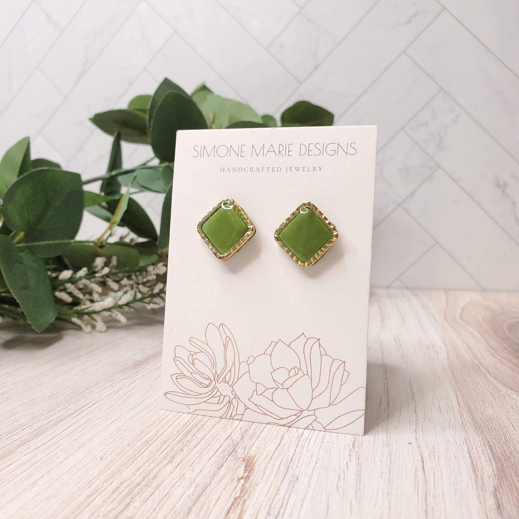 Simone Marie Designs Green & Gold Square Posts - Polymer Clay Earrings