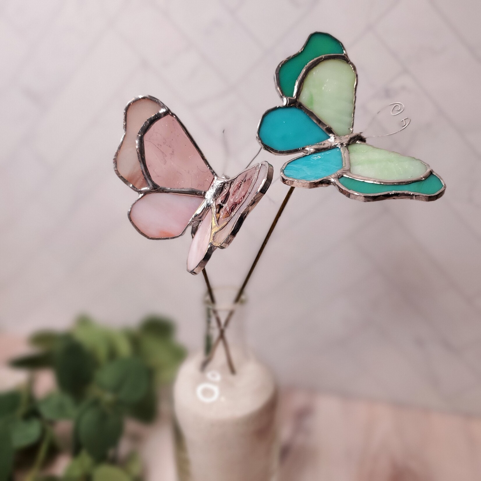 Glass By Lovely Lisa Stained Glass Plant Stake - Butterfly - Blue & Teal