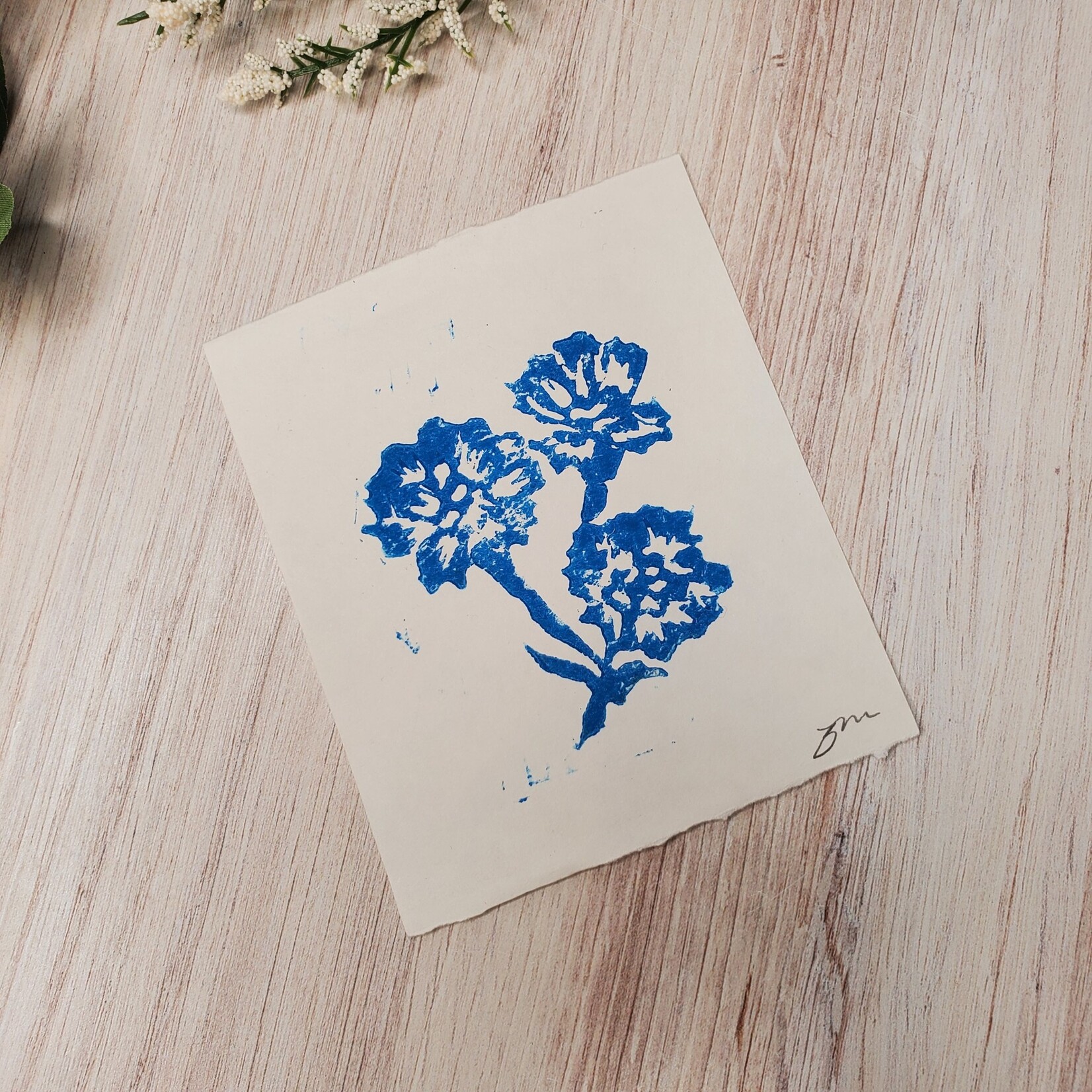 3 Crows Designs Flower Print - Blue - Lino Block