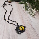 Crescent Moon Jewelry of the Sierras Bead Crocheted Necklace - Silver Steampunk Cat Eye  - Gray, Black & White -  #404