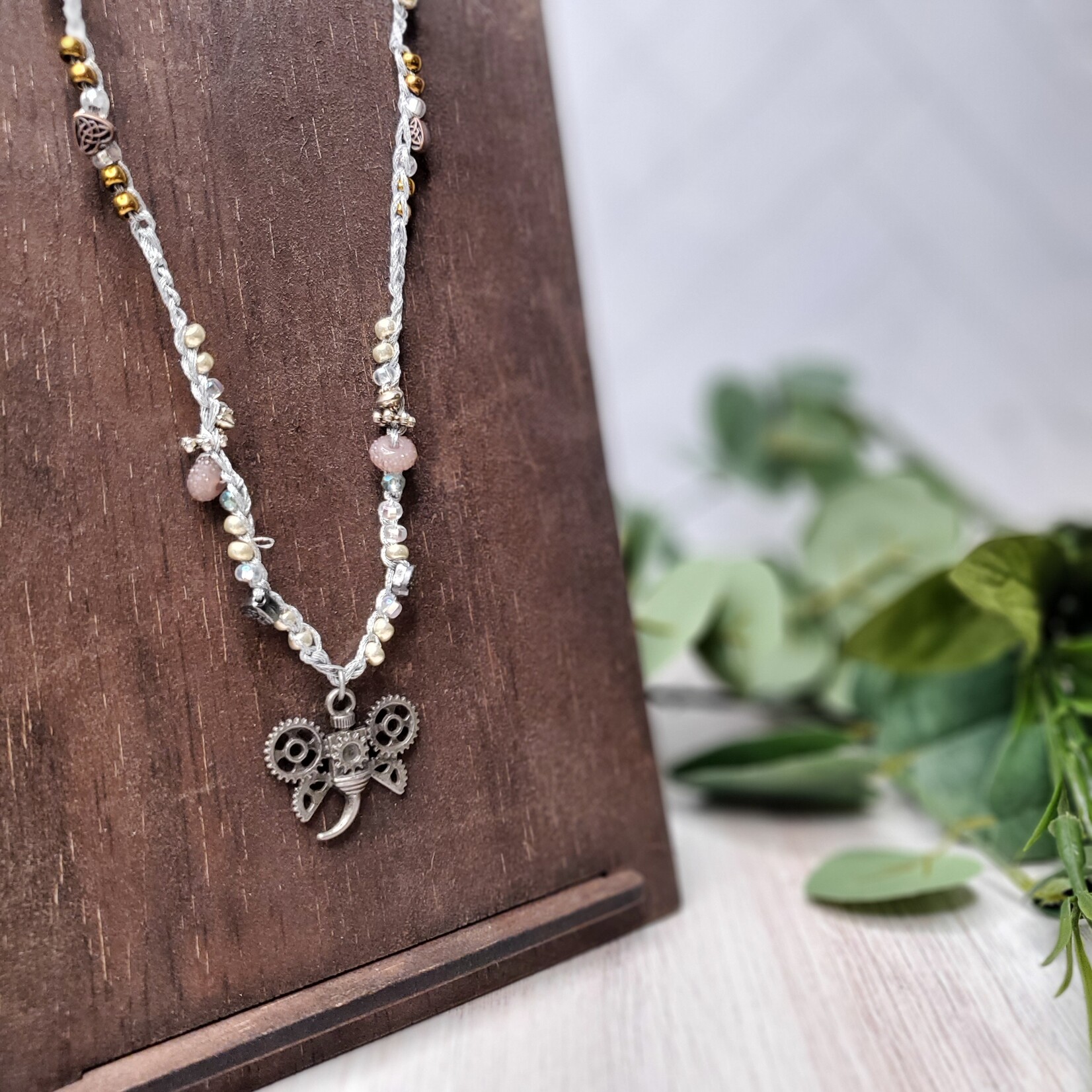 Blu Moon Jewelry Bead Crocheted Necklace - Silver Steampunk Winged Bug - Silver, Lavender, & Copper - #403