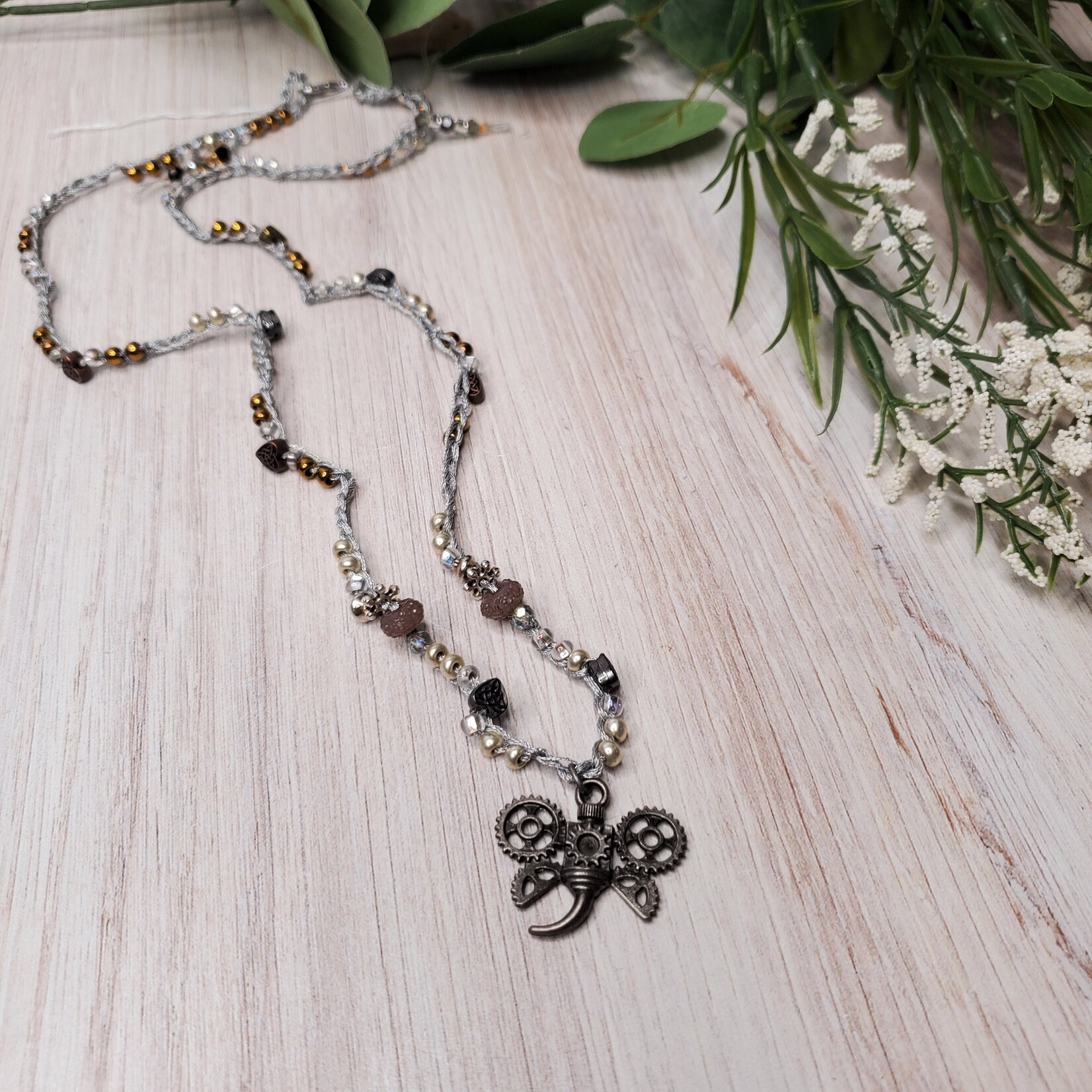 Blu Moon Jewelry Bead Crocheted Necklace - Silver Steampunk Winged Bug - Silver, Lavender, & Copper - #403