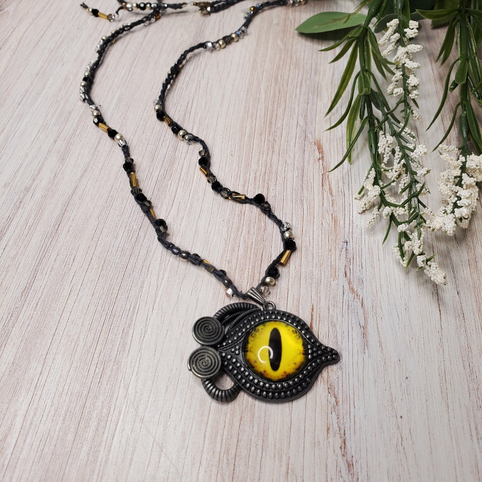 Crescent Moon Jewelry of the Sierras Bead Crocheted Necklace - Silver Steampunk Cat Eye  - Gray, Black & White -  #404