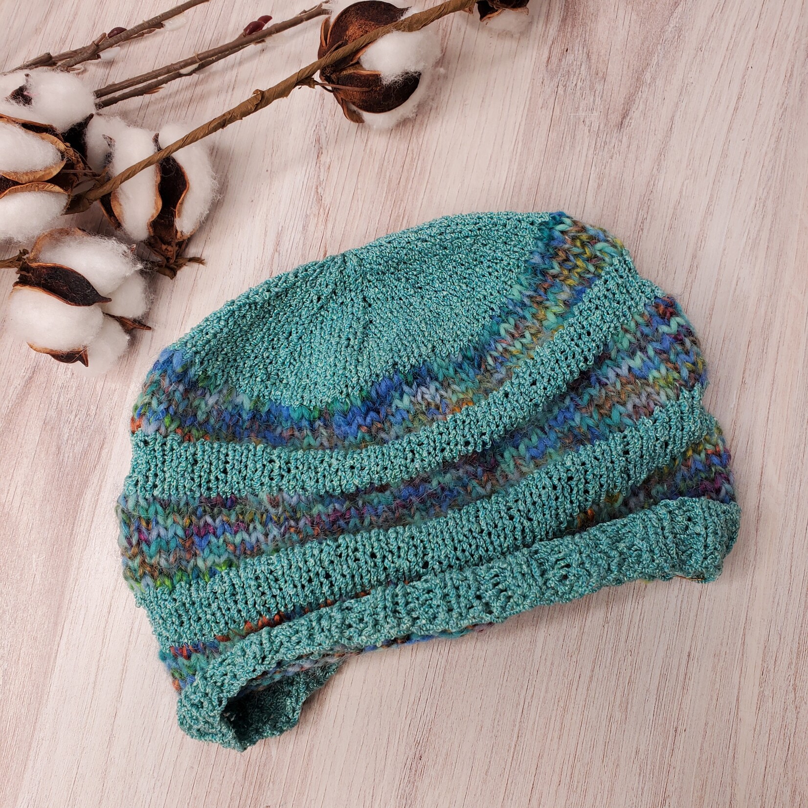 Roan's Repertoire Baby Hat - Slouchy Teal & Multi - 6-18 mos. - hand knit