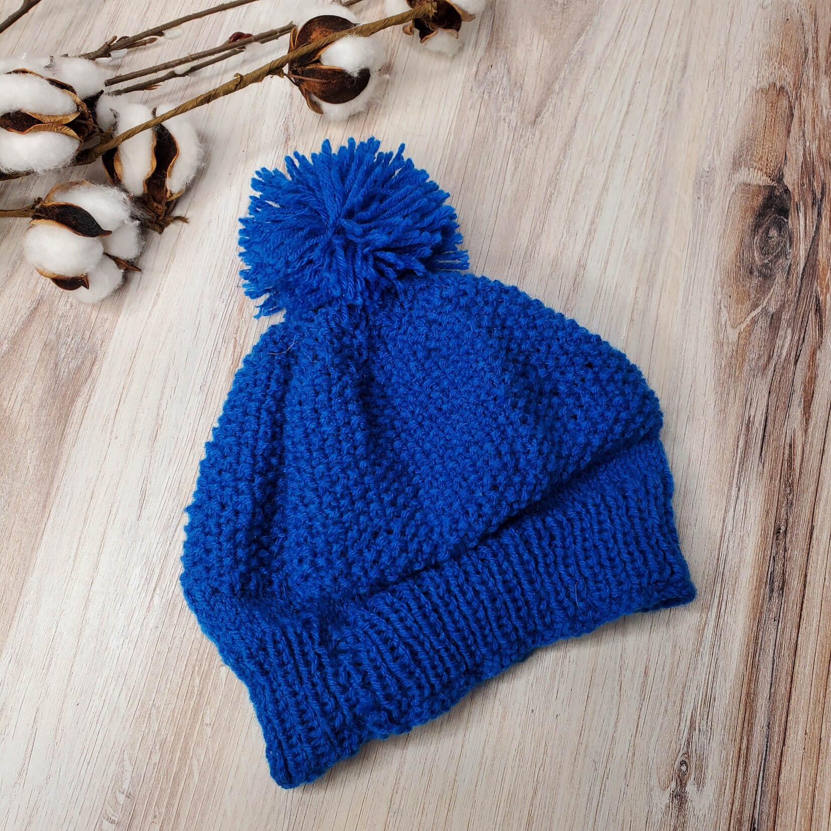 Roan's Repertoire Baby Hat - Blue w/ Pom Pom - 6mos. - 3yrs. - hand knit