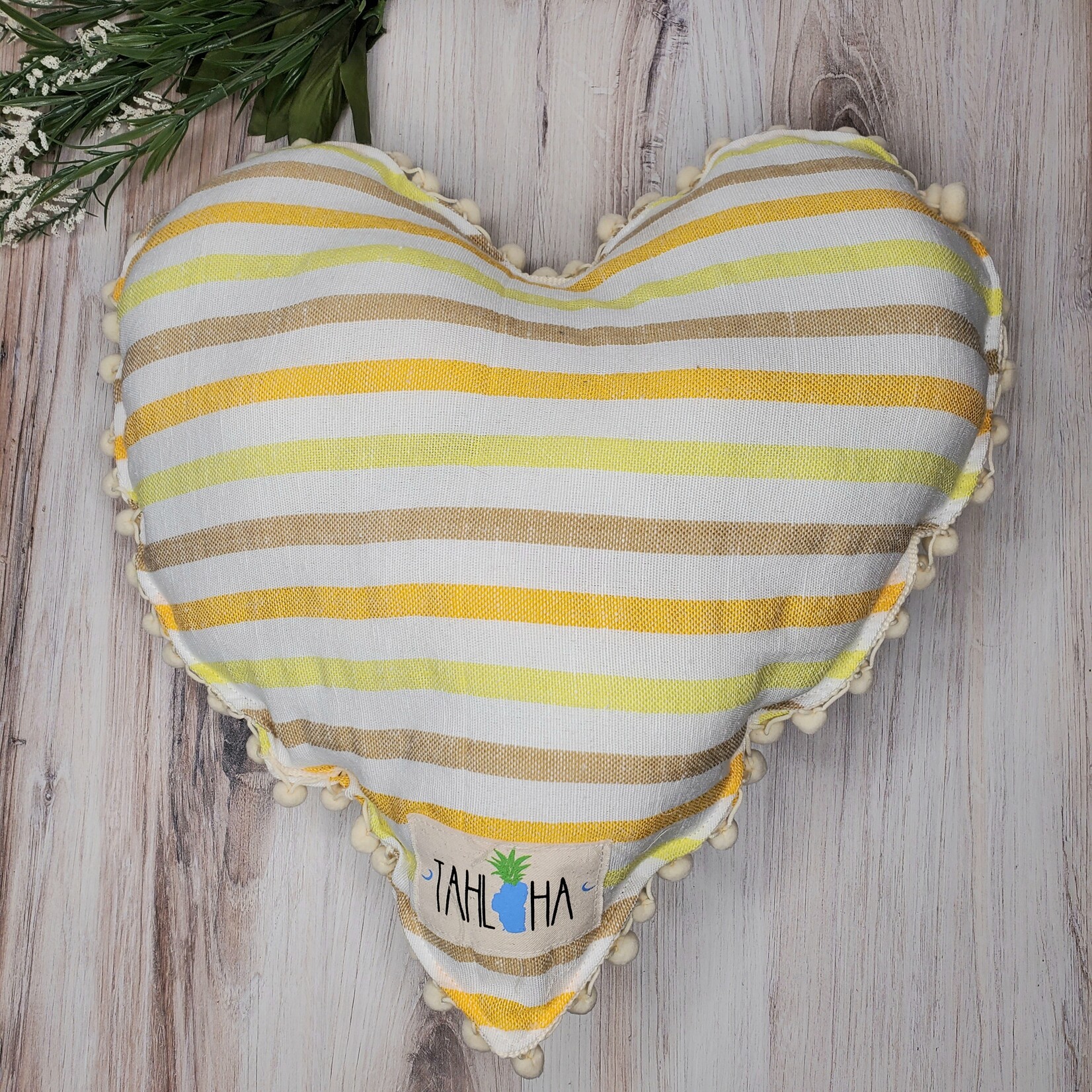 Tahloha Striped Heart Pillow - Yellow & White