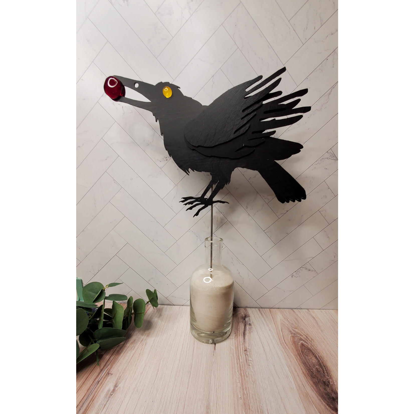 LoKo Raven Plant Stake  - Wood & Glass - large -  red  glass stone