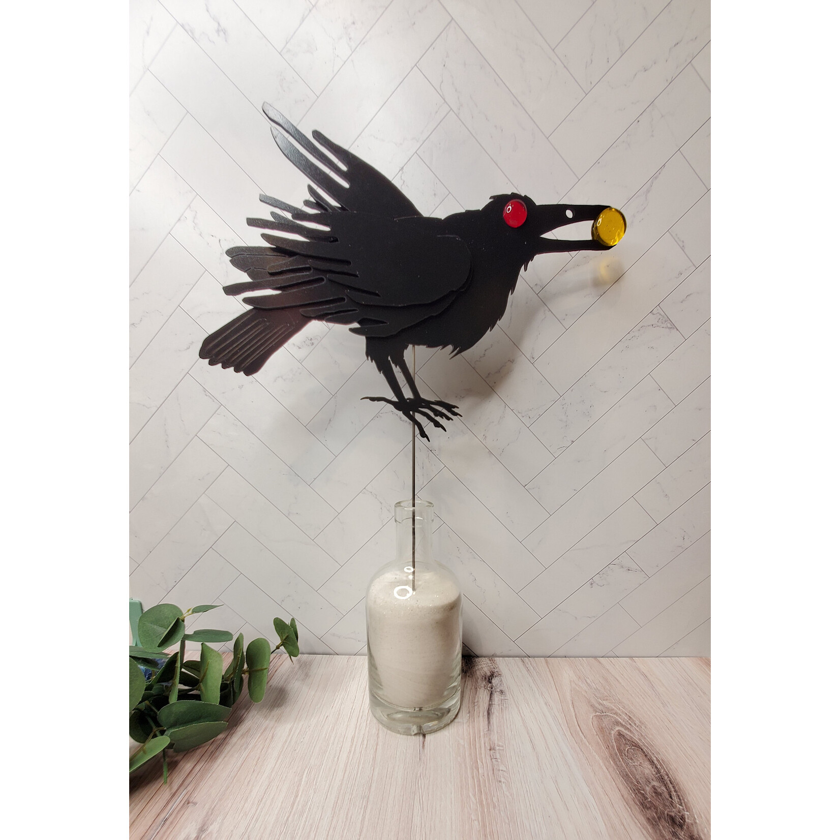 LoKo Raven Plant Stake  - Wood & Glass - large - facing right