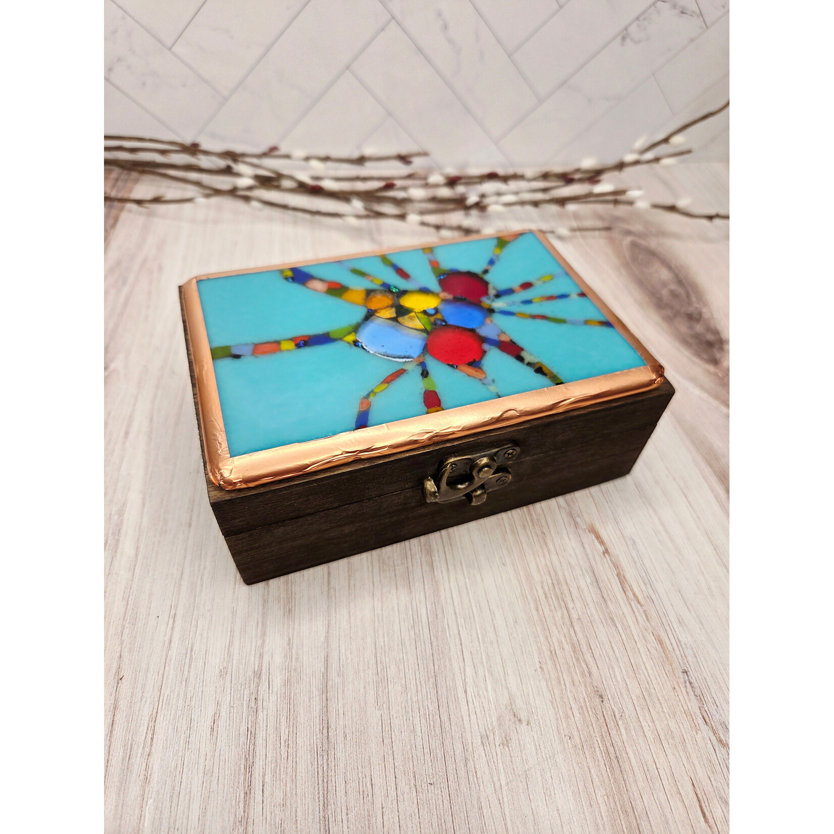 LoKo Blue Fused Glass & Wood Treasure Box - 'Hope' inside  6x4"