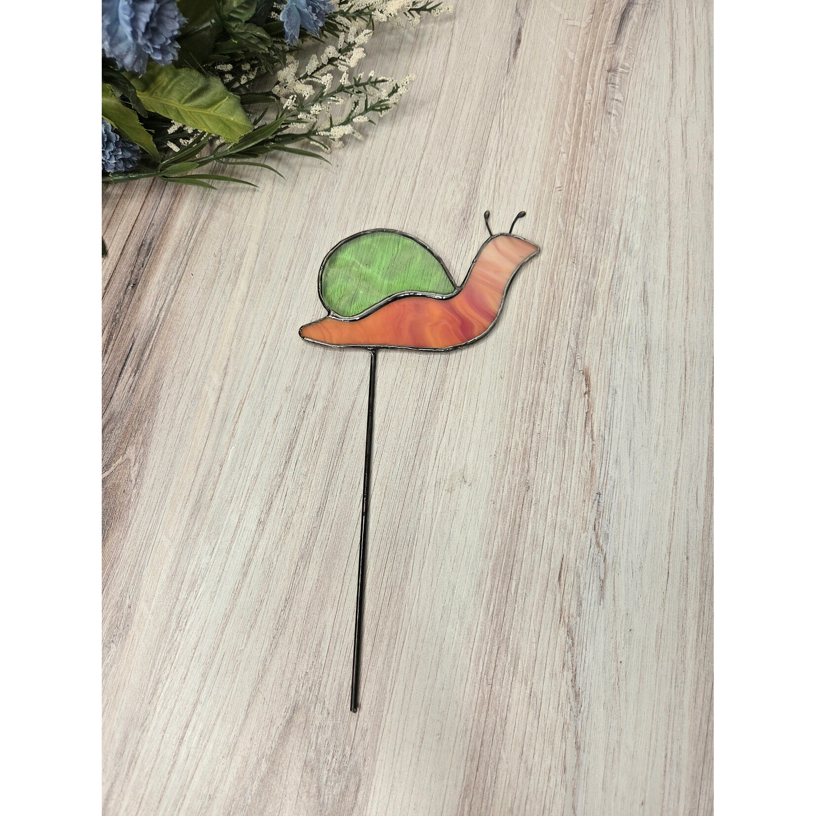 Deep Lake Creations Stained Glass Snail - Plant Stake - Green & Pink
