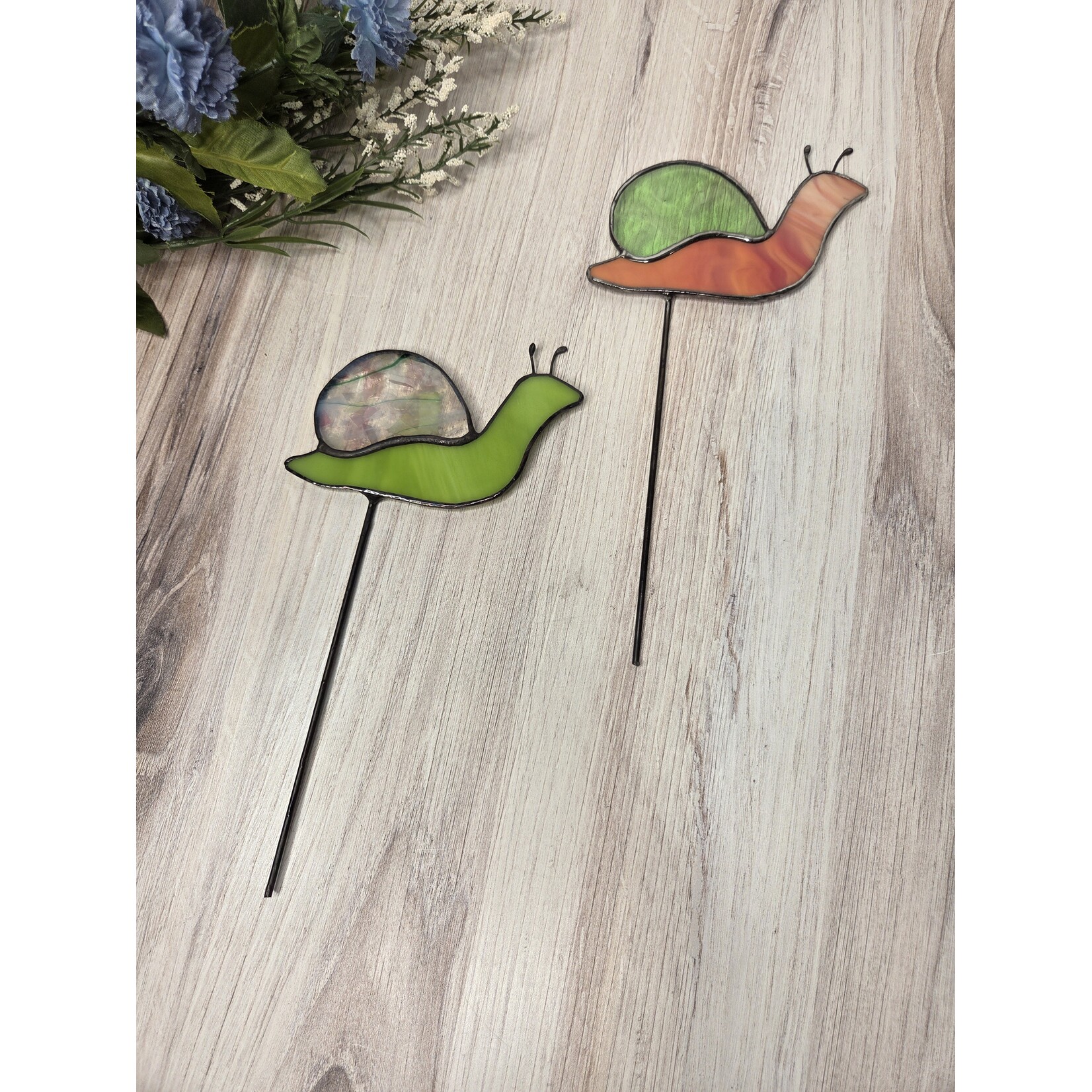 Deep Lake Creations Stained Glass Snail - Plant Stake - Green & Pink