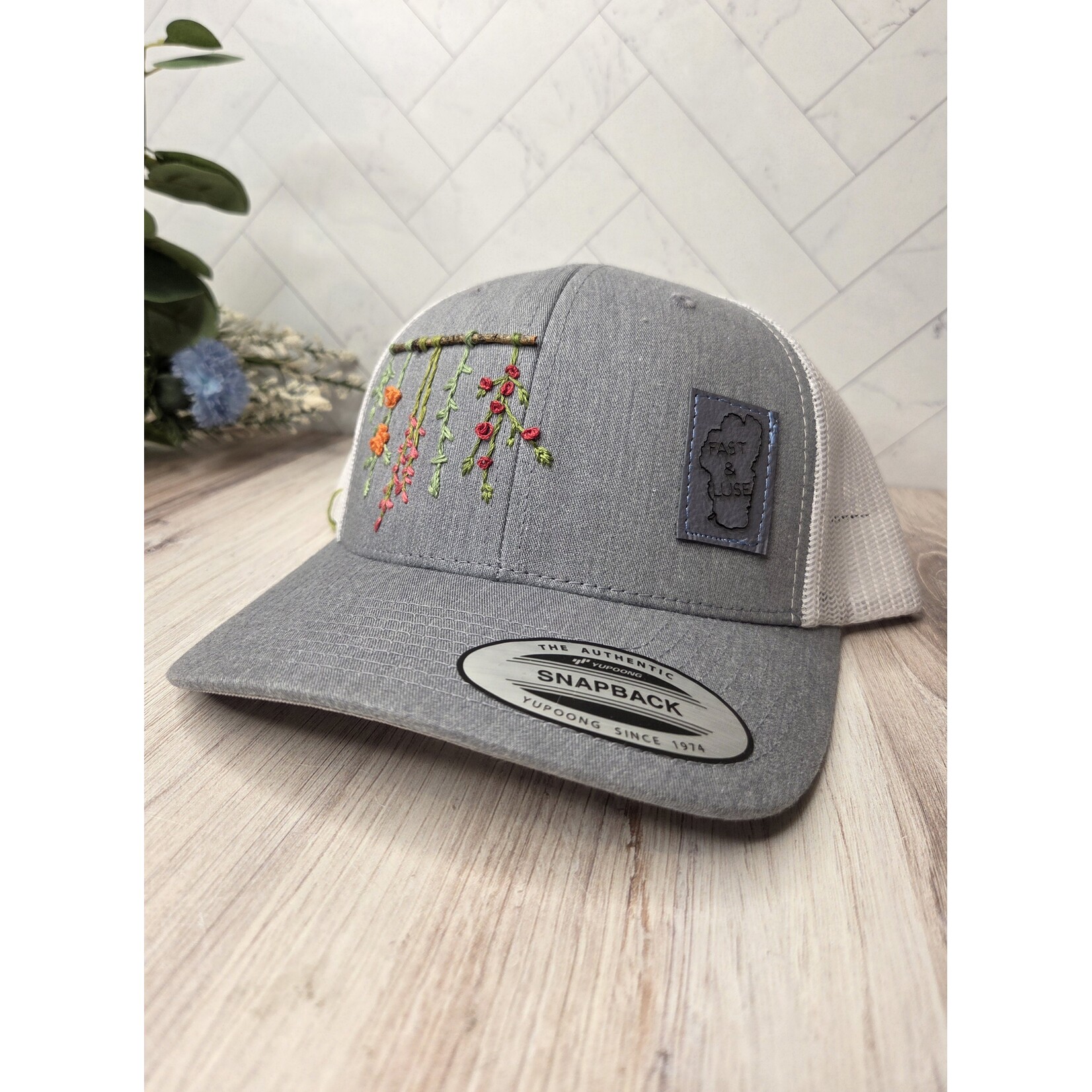 Fast and Luse Hand embroidered twig hat - snapback  - gray & white