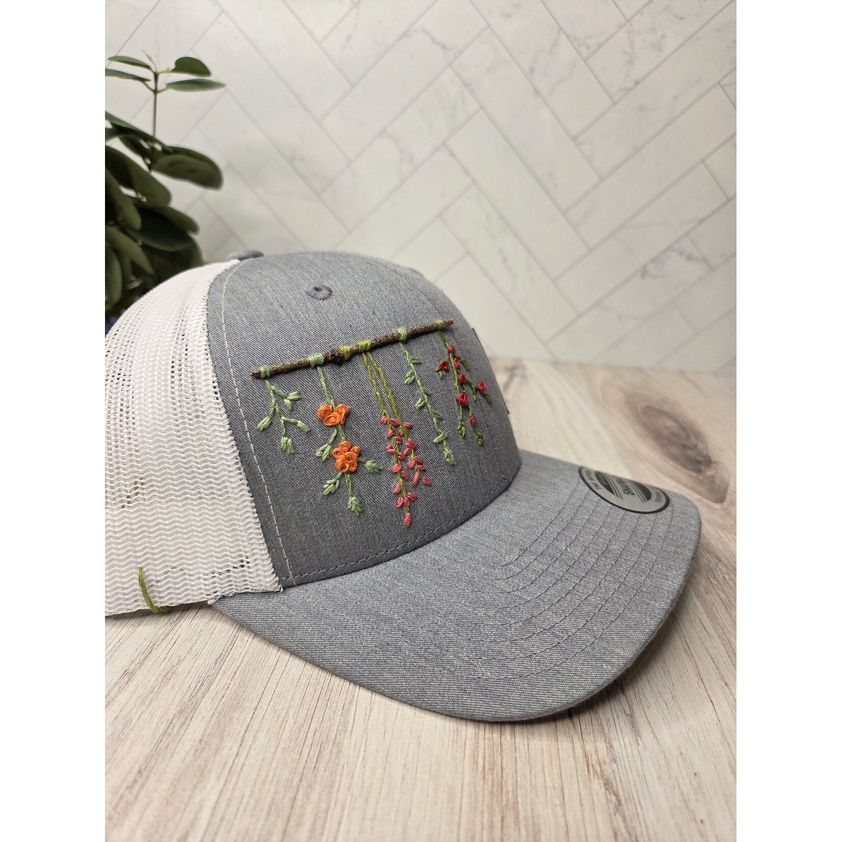 Fast and Luse Hand embroidered twig hat - snapback  - gray & white