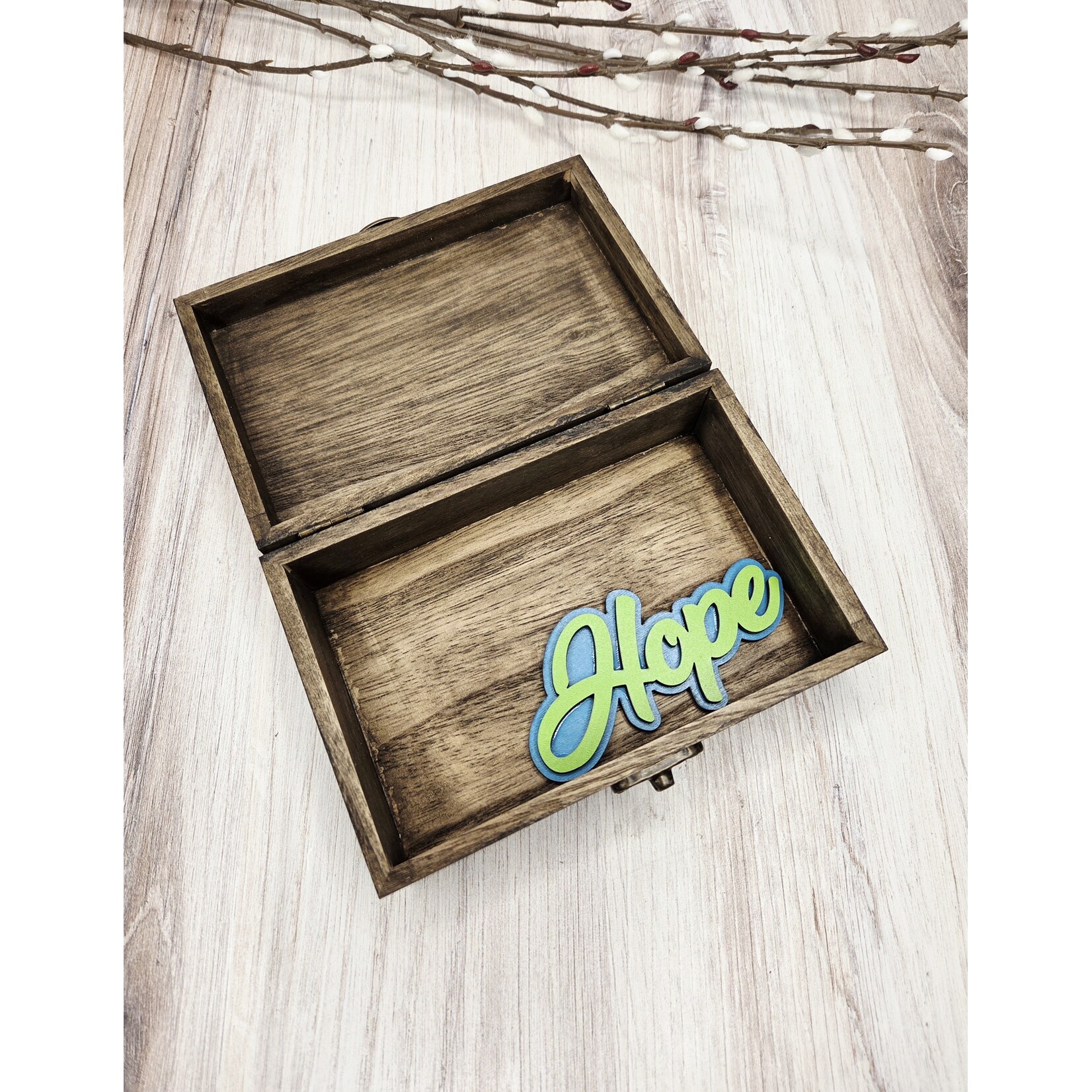 LoKo Blue Fused Glass & Wood Treasure Box - 'Hope' inside  6x4"