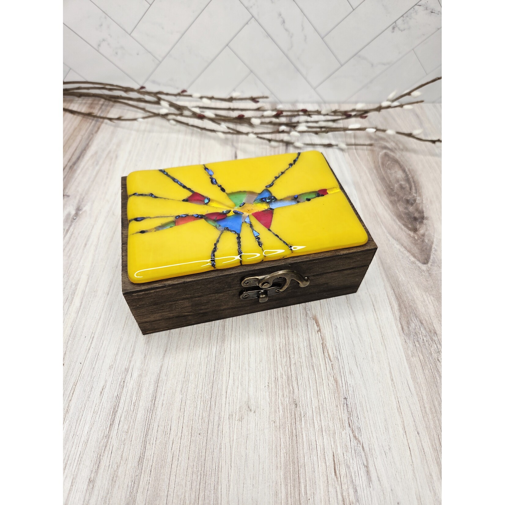 LoKo Yellow Fused Glass & Wood Treasure Box - 6x4"