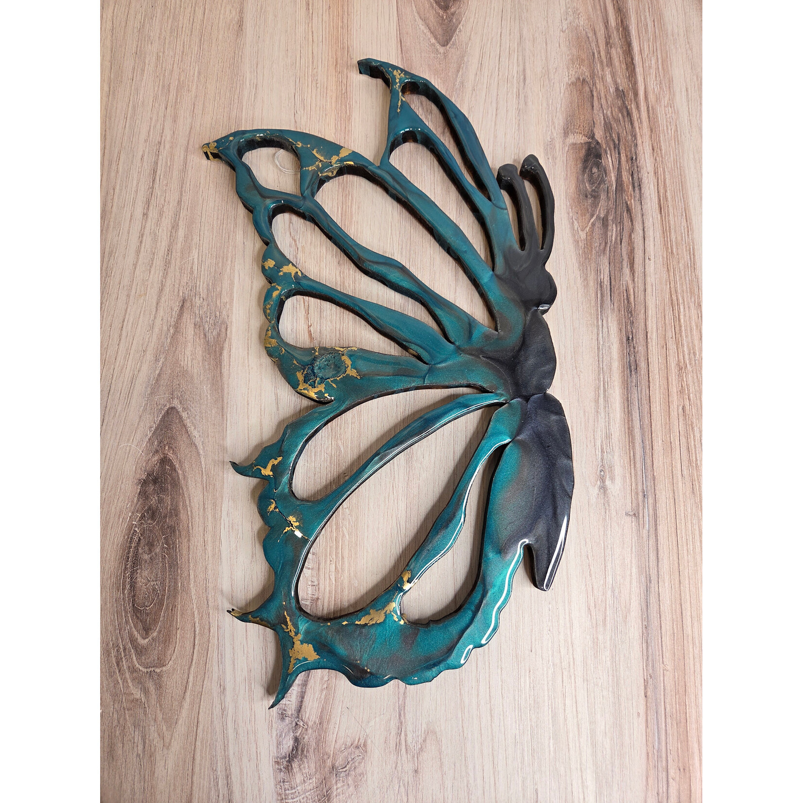 Donna Kotey Butterfly - Wood & Resin - teal & gold/ side profile