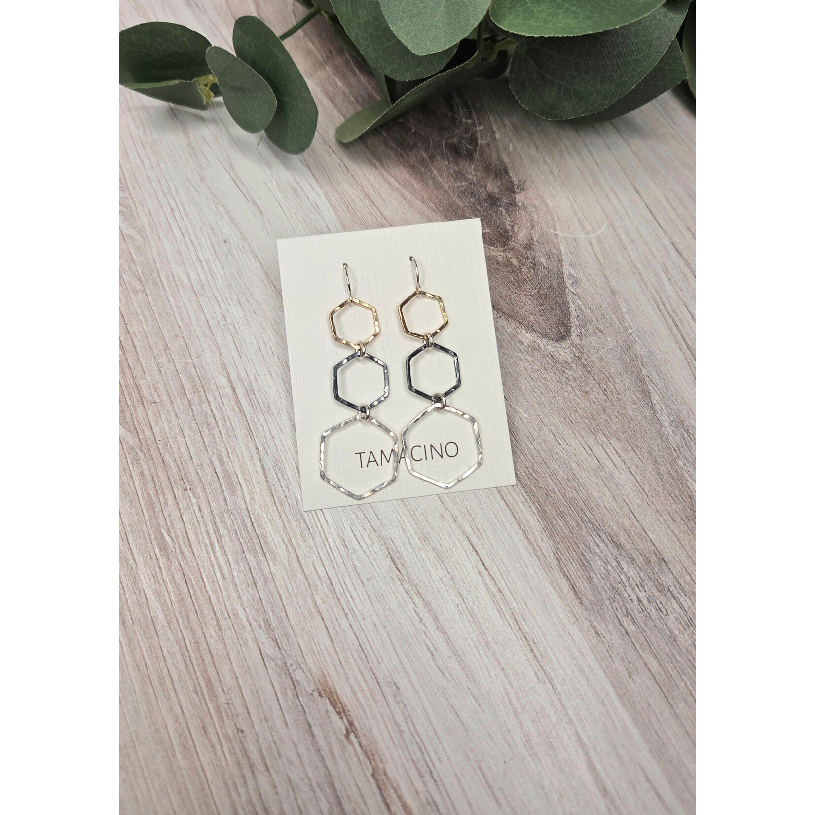 Tamacino Foxglove Earrings - Hexagons - Gold + Oxidized + Silver