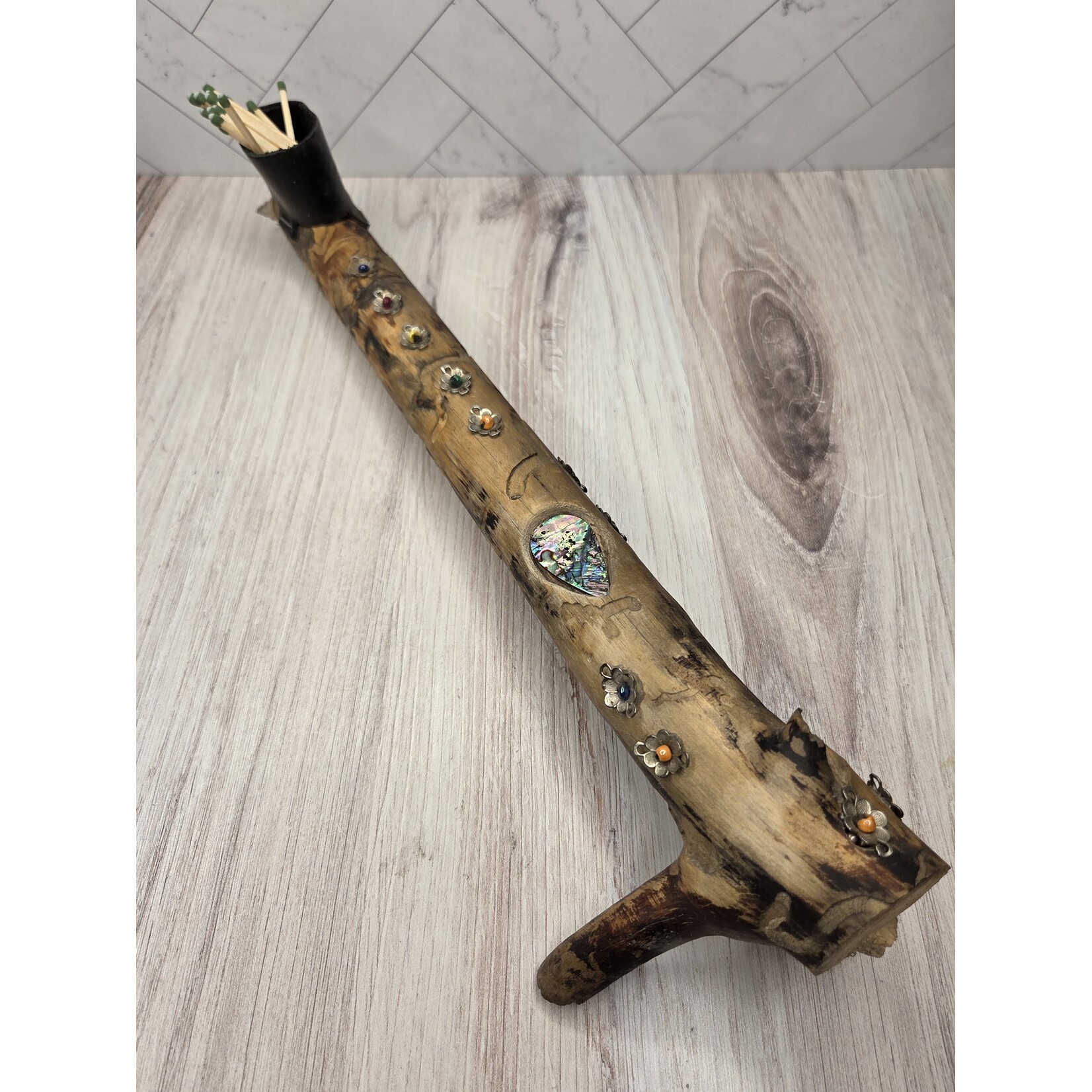 Mary Eastman Tahoe Driftwood Match Holder - with abalone & beads