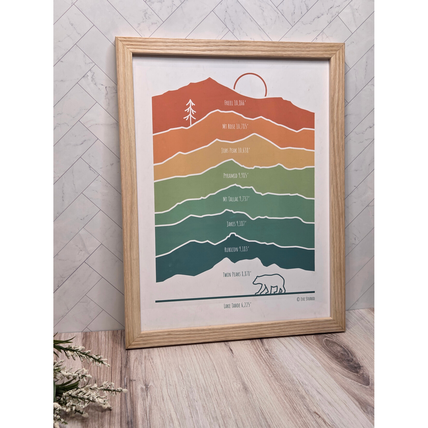 Evi Studio "Tahoe Mountains" - Rainbow Framed Print - White Oak Frame - 12x16