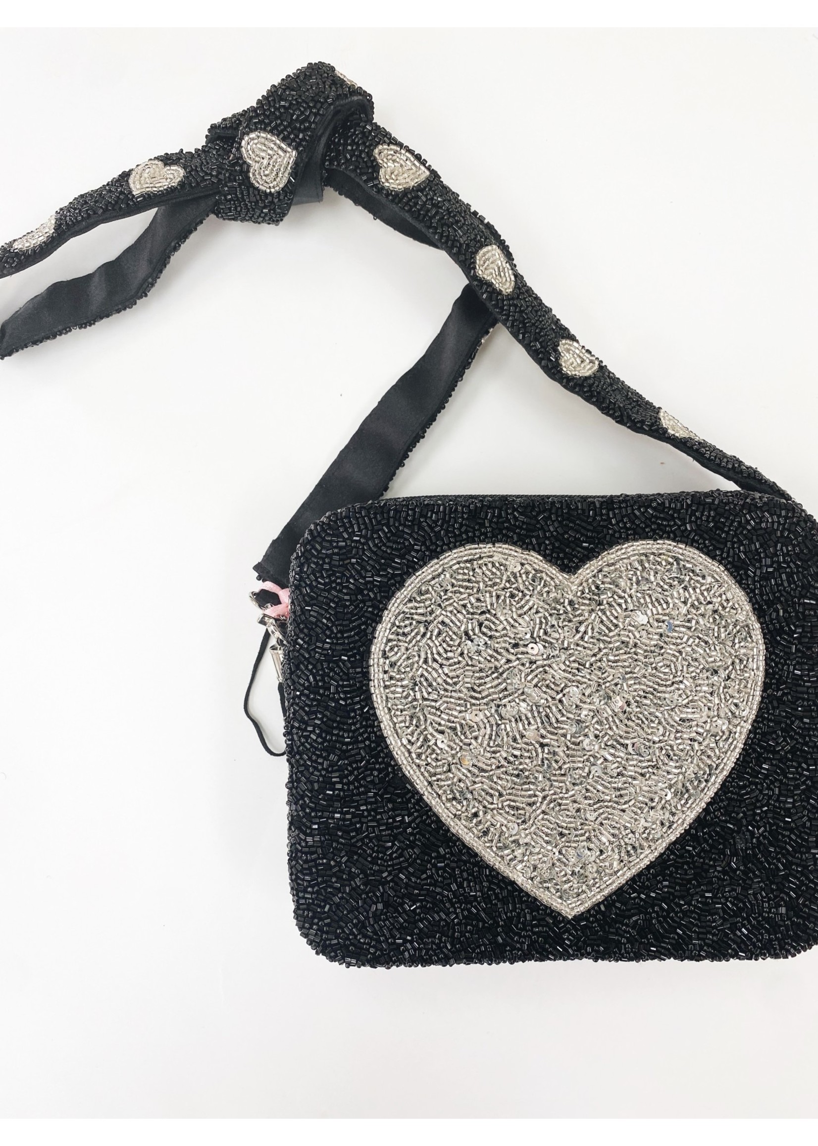 Tiana Designs Black w/ Silver Heart Handbeaded Purse