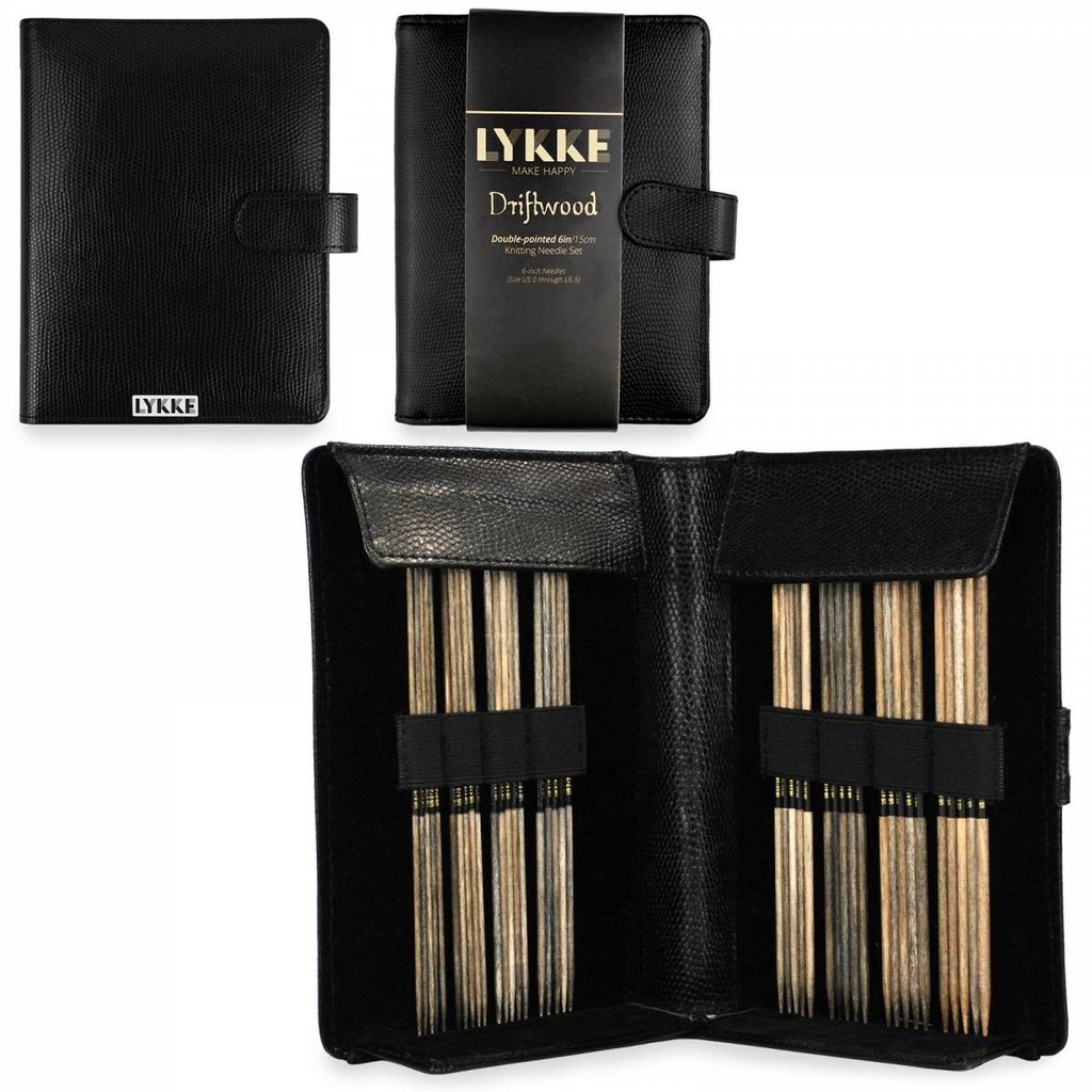 Lykke Needles Lykke Double Pointed Needle Set - 6" Driftwood Small - Black Faux Leather Case