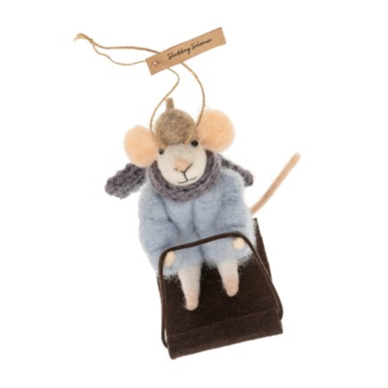 Indaba Felted Mouse Ornament - Sledding Soloman
