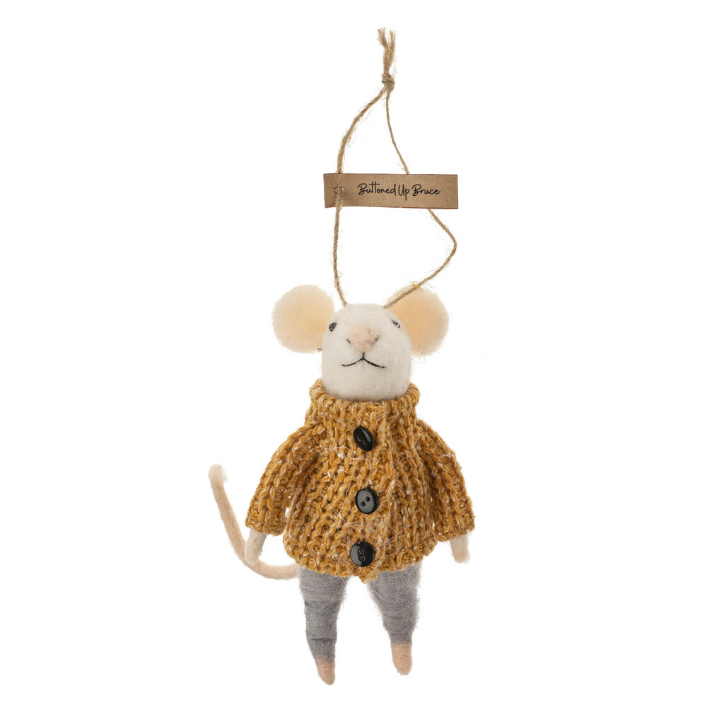 Indaba Felted Mouse Ornament - Buttoned up Bruce
